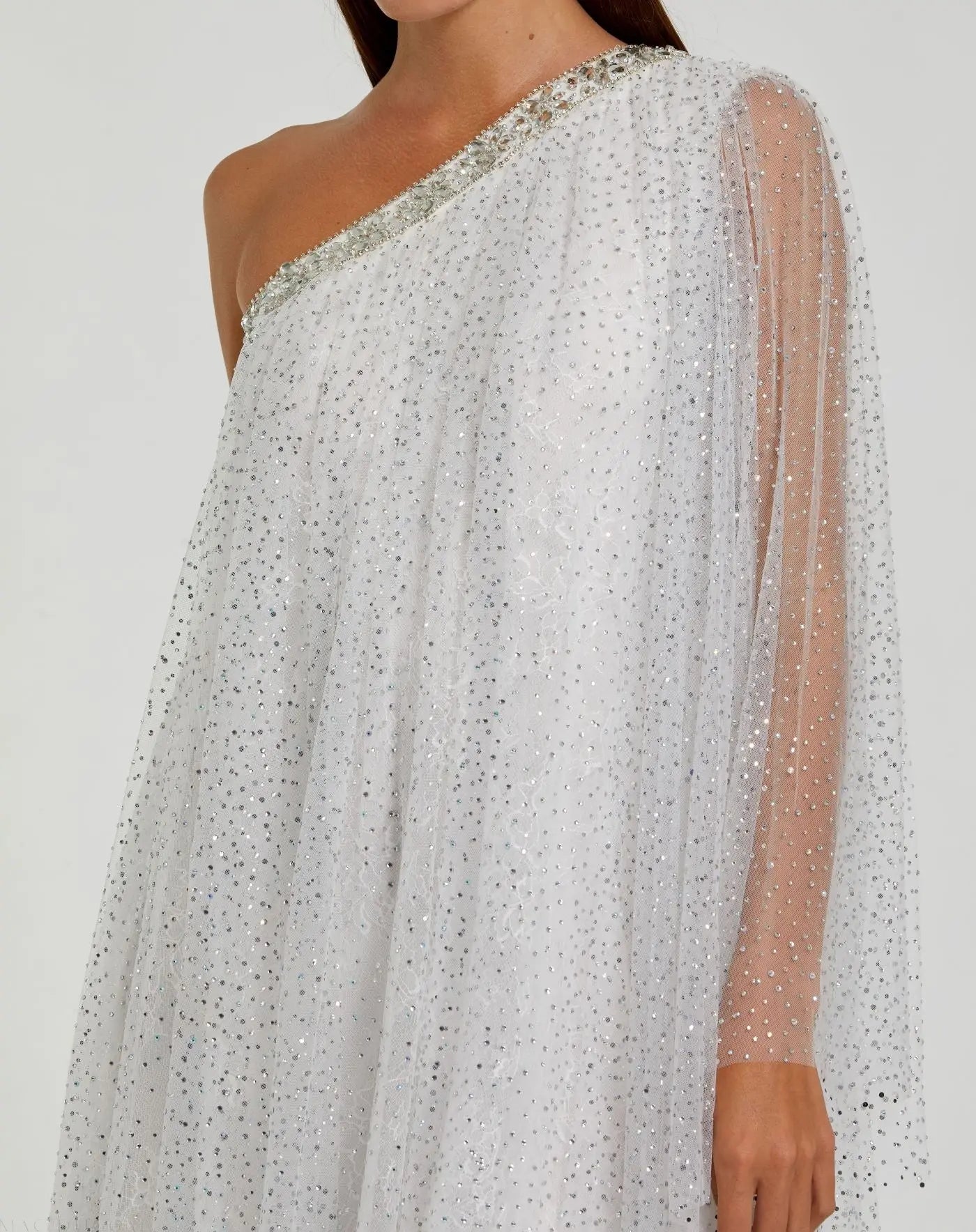 White One Shoulder Embellished Tulle Mini Dress-Myartka