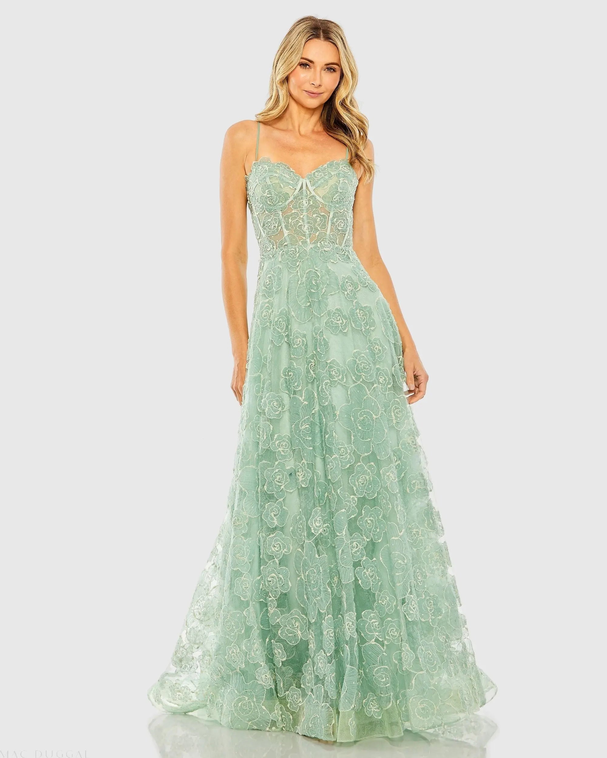 Green Embroidered Sweetheart Neck A-Line Gown-Myartka