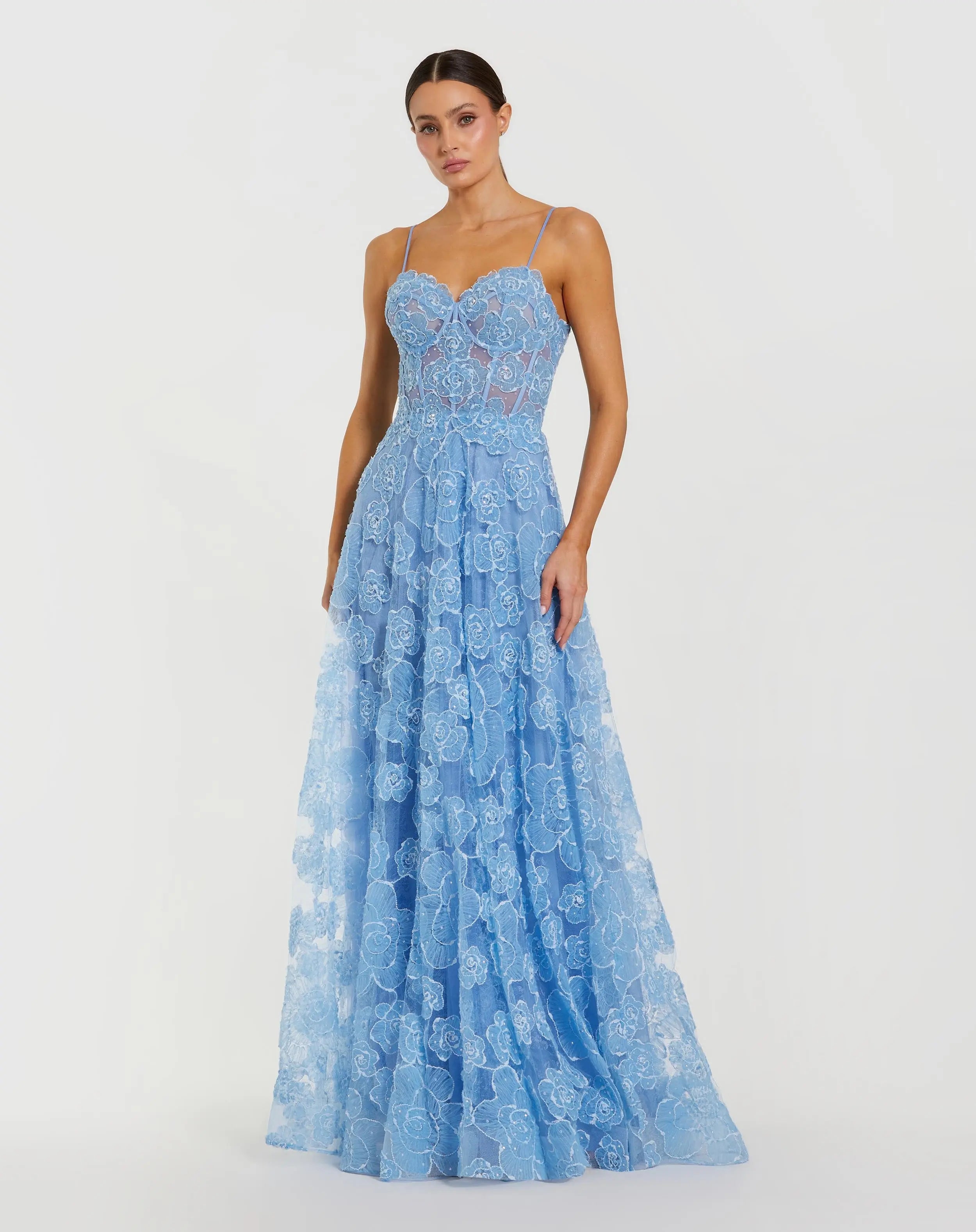 Blue Embroidered Sweetheart Neck A-Line Gown-Myartka