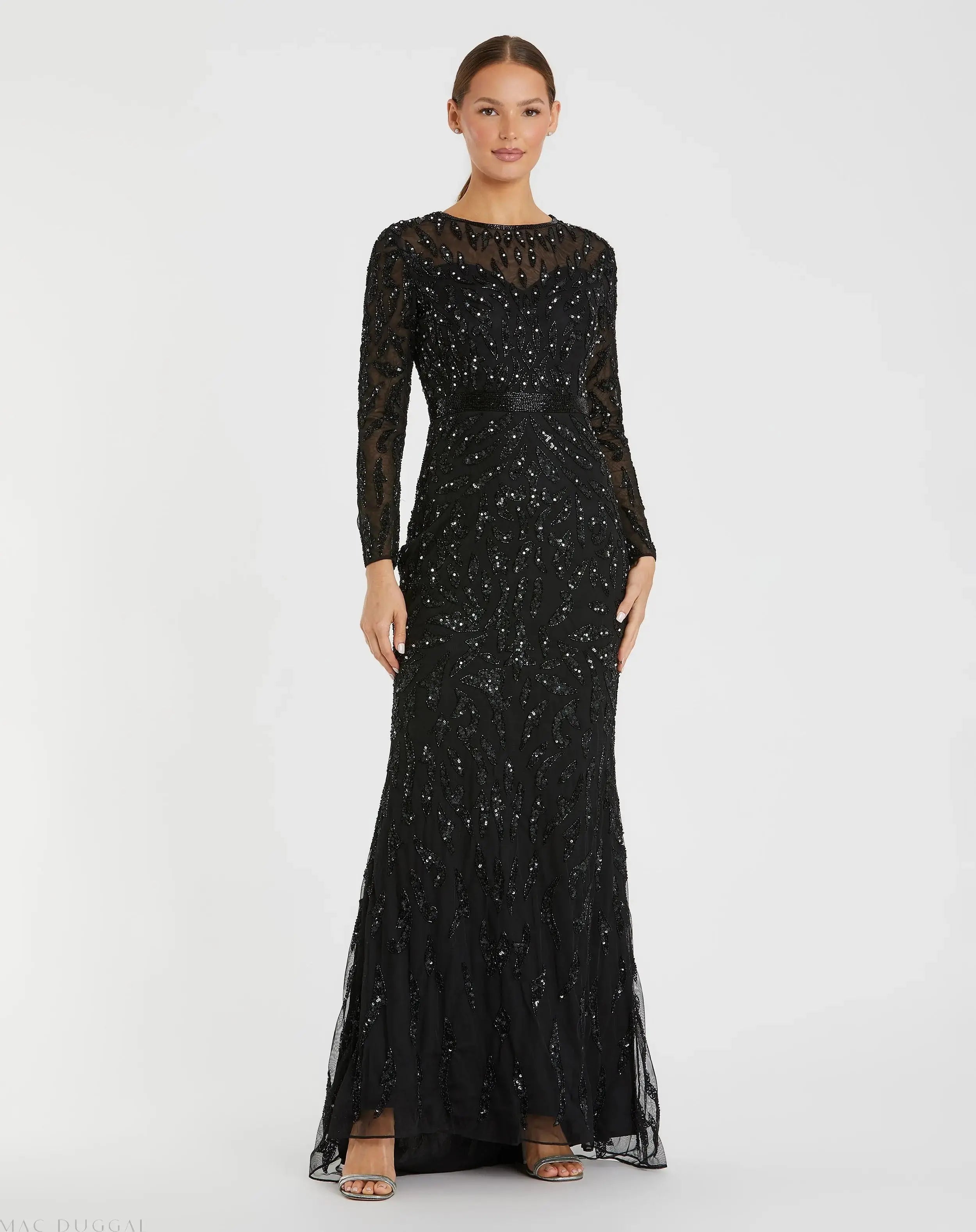 Black Long Sleeve Beaded Evening Gown-Myartka