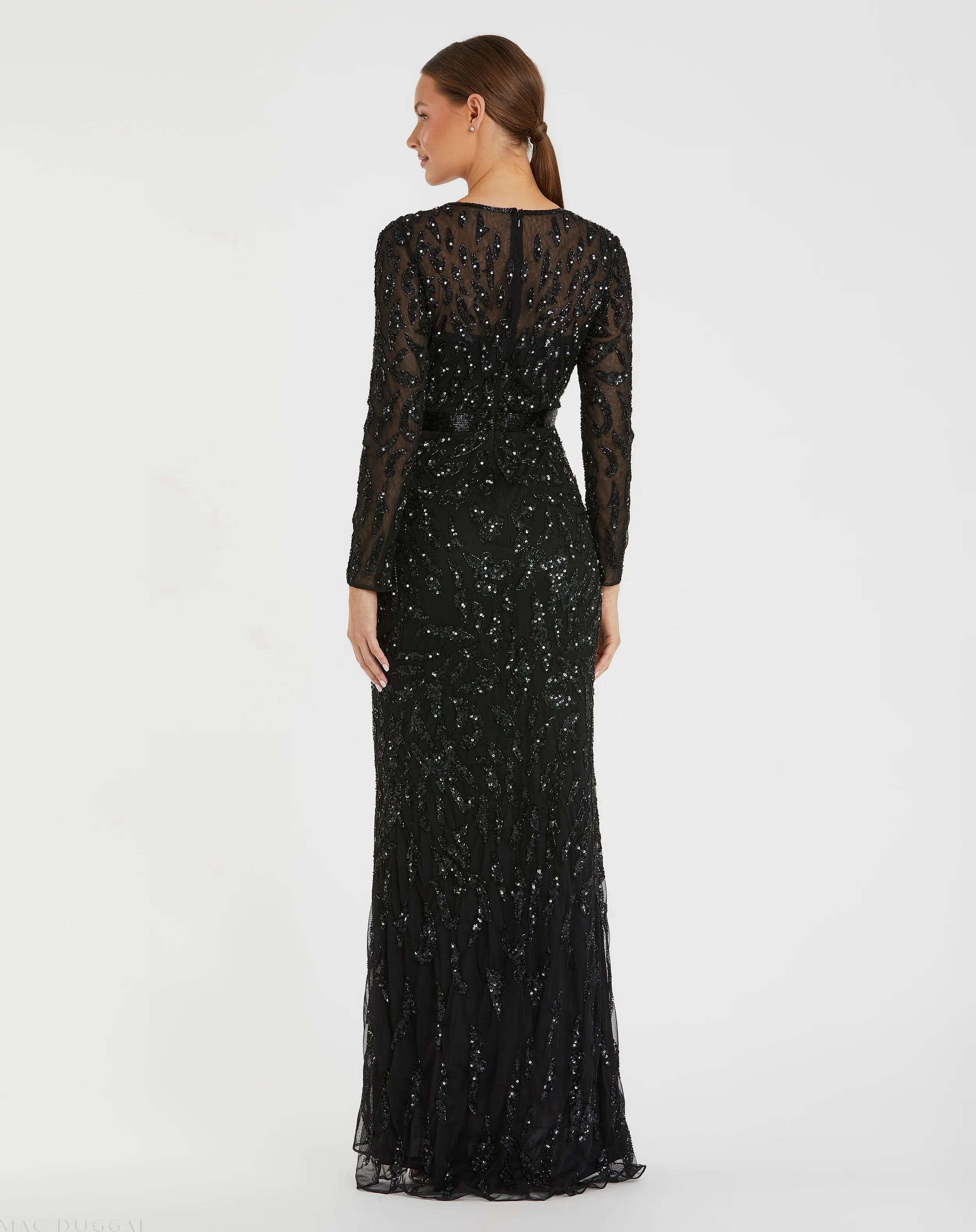 Black Long Sleeve Beaded Evening Gown-Myartka