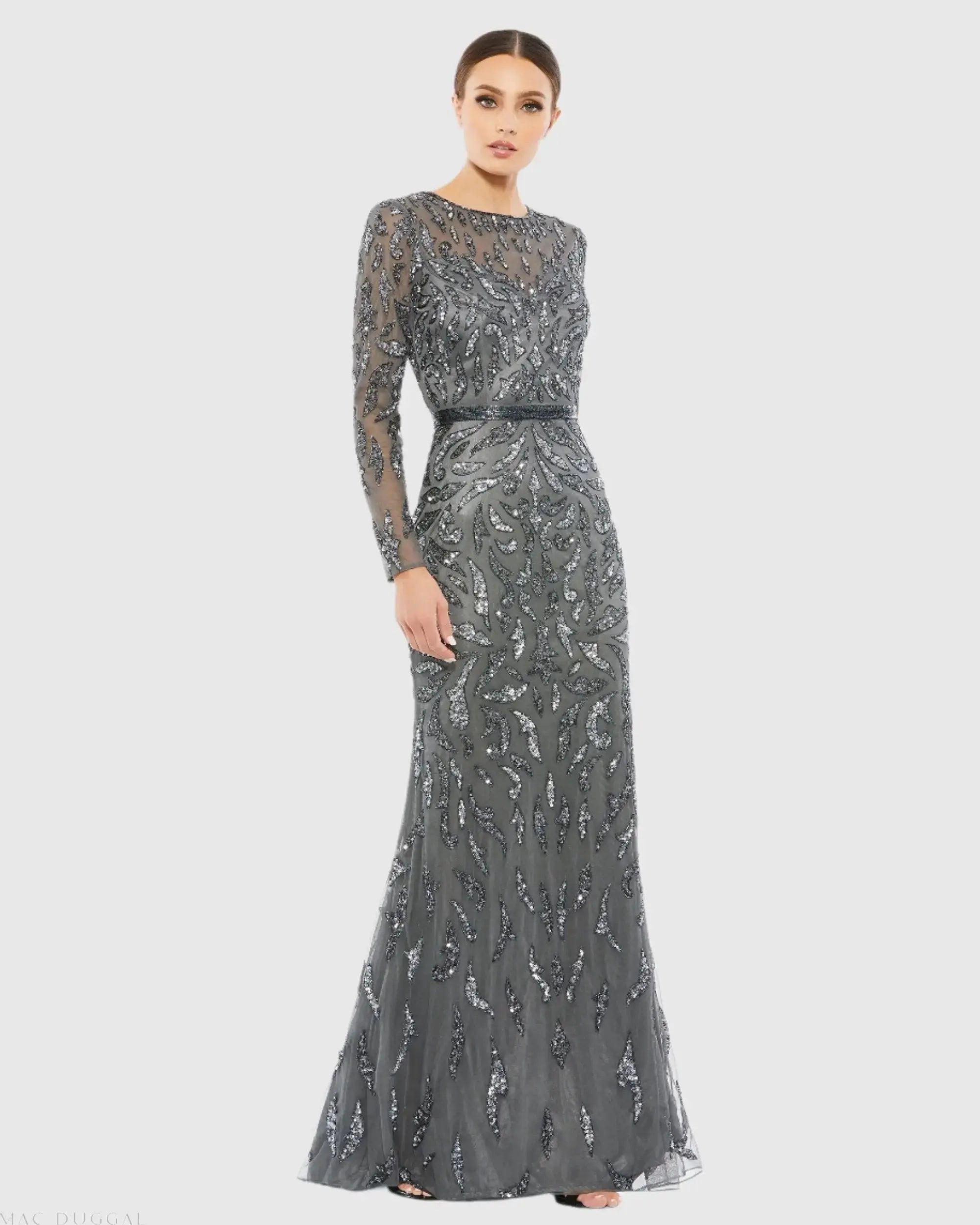 Beaded Long Sleeve Evening Gown-Myartka
