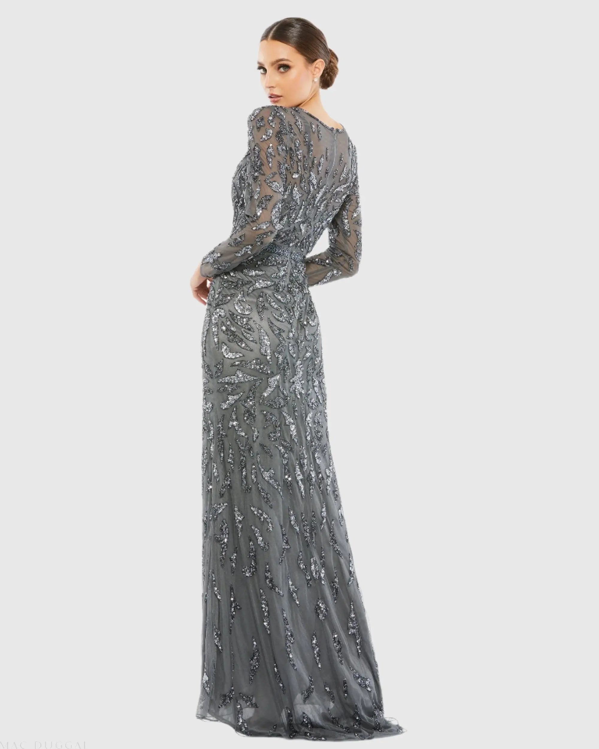 Dark Gray Long Sleeve Beaded Evening Gown-Myartka