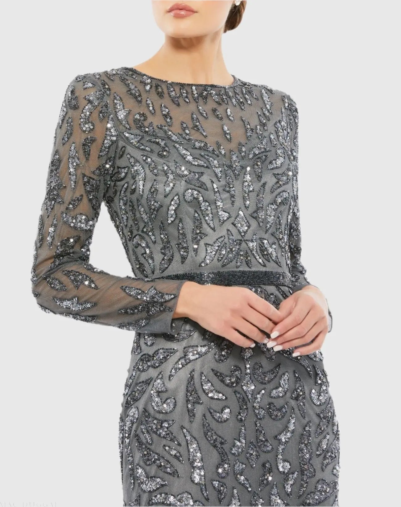 Dark Gray Long Sleeve Beaded Evening Gown-Myartka