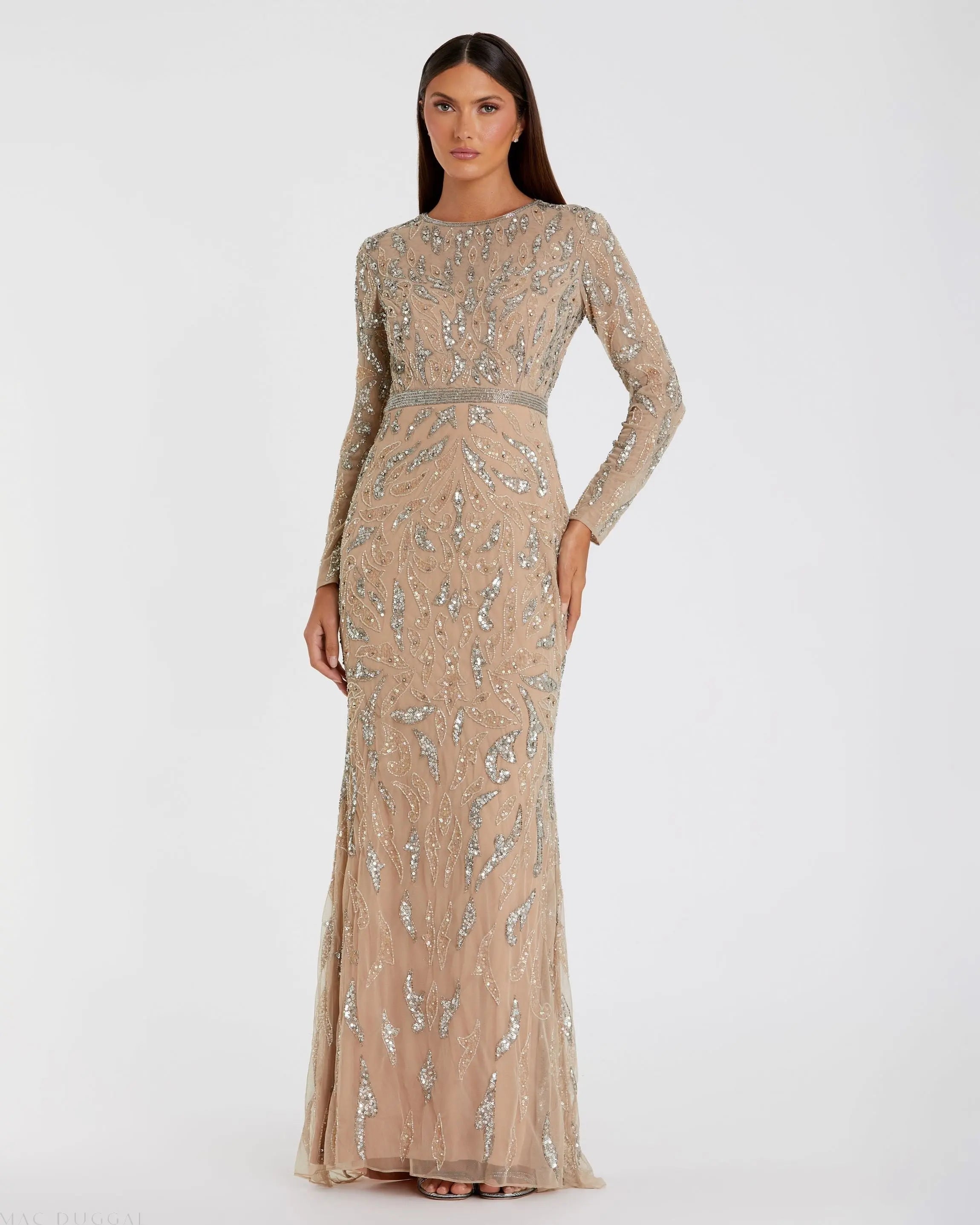Beige Long Sleeve Beaded Evening Gown-Myartka