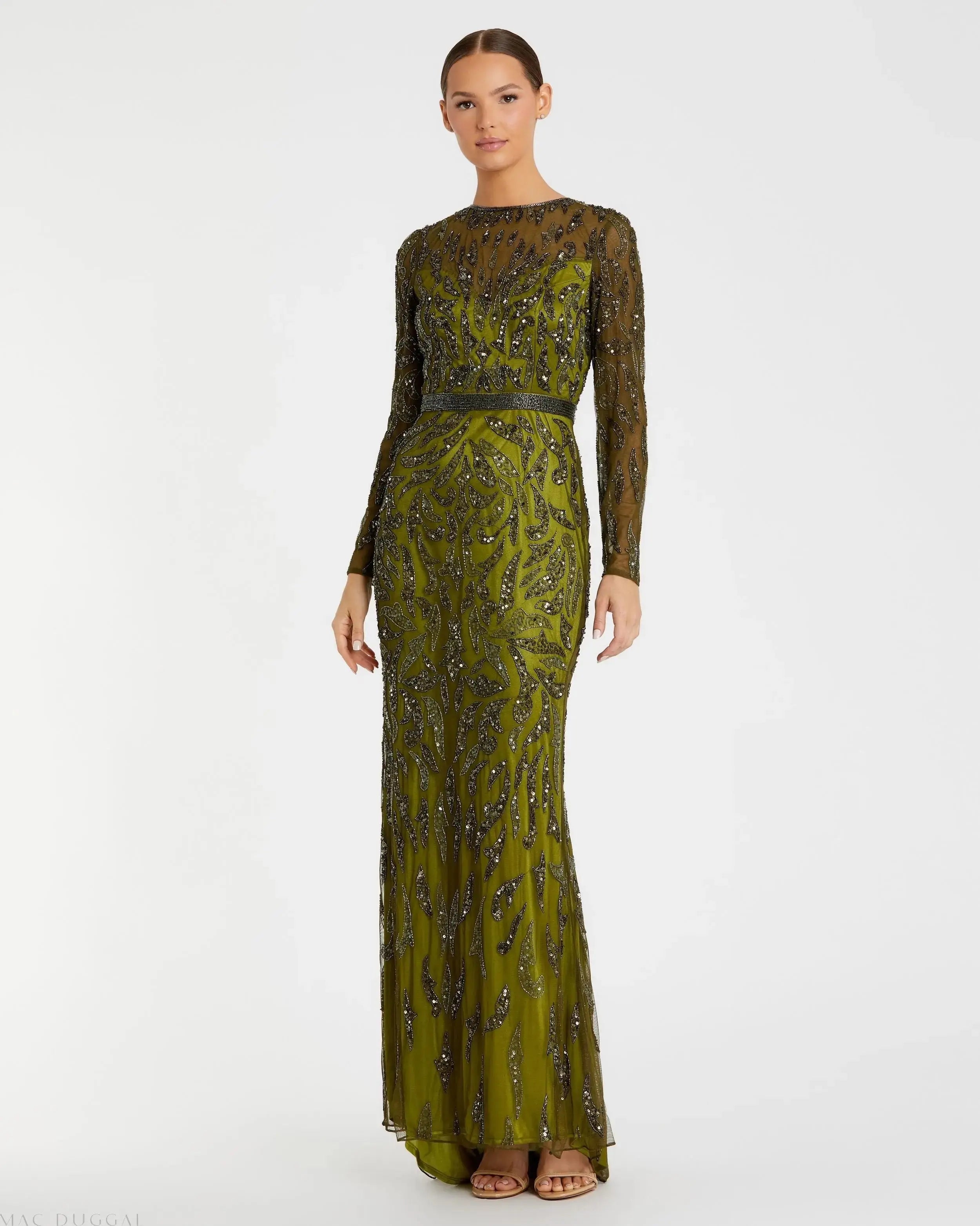 Green Long Sleeve Beaded Evening Gown-Myartka