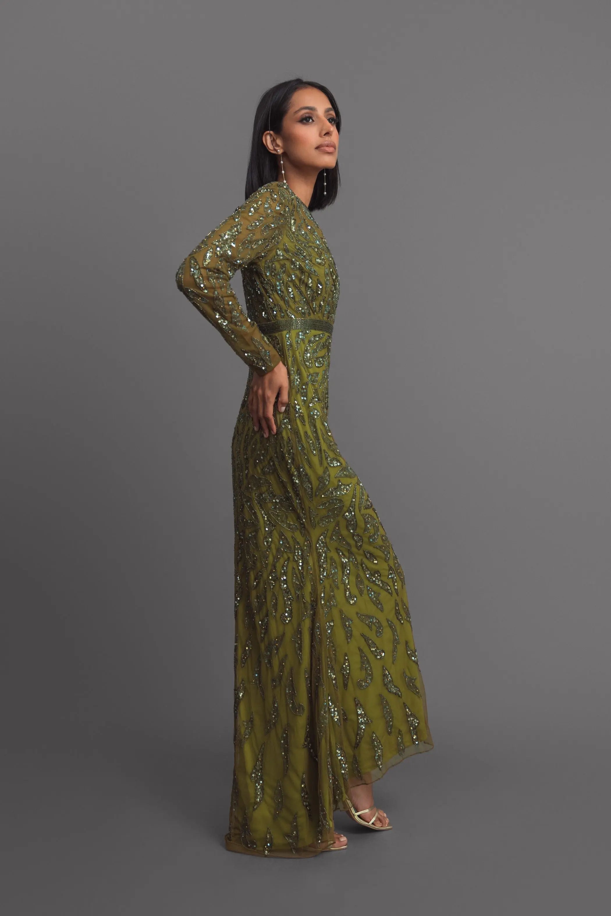Green Long Sleeve Beaded Evening Gown-Myartka