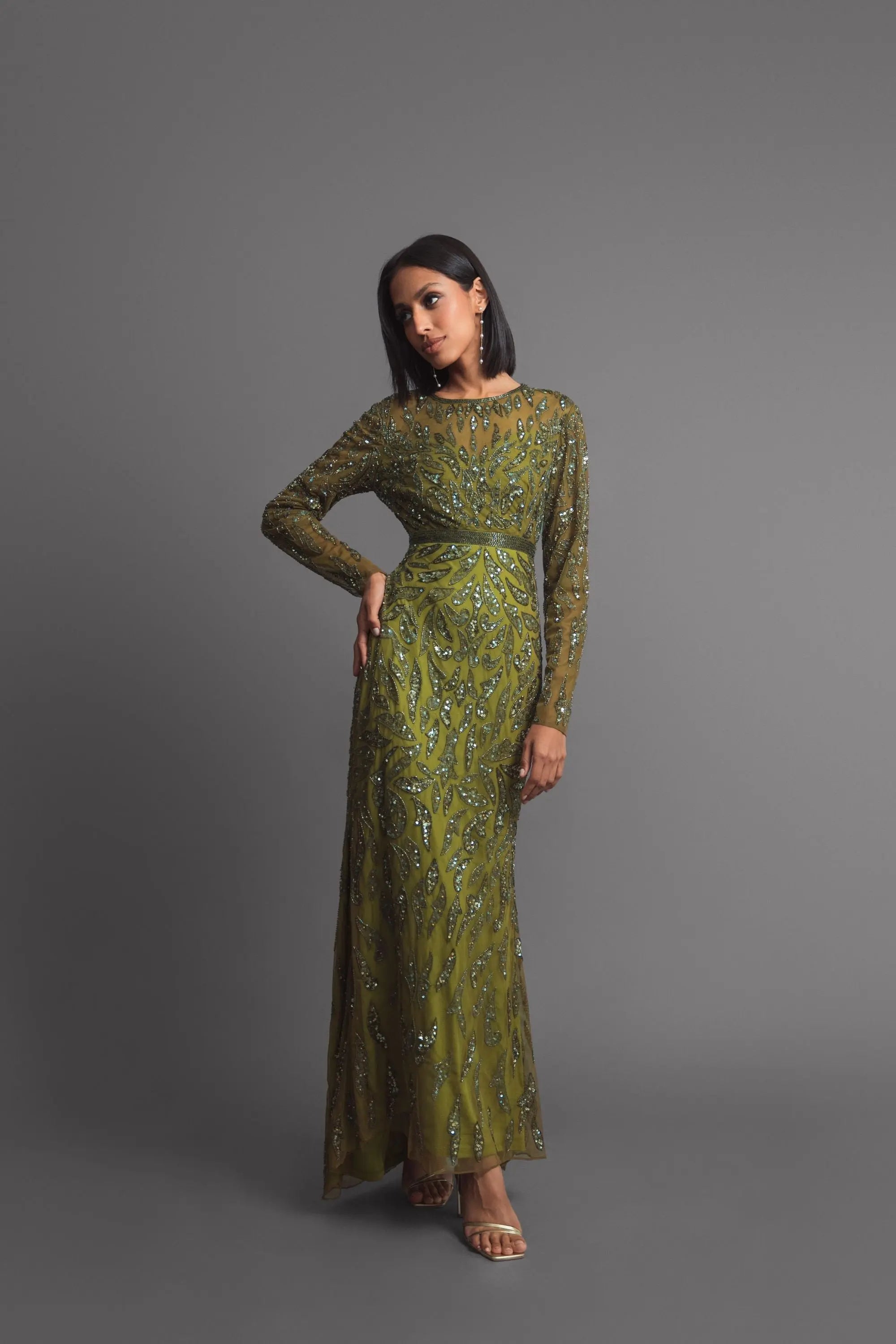 Green Long Sleeve Beaded Evening Gown-Myartka