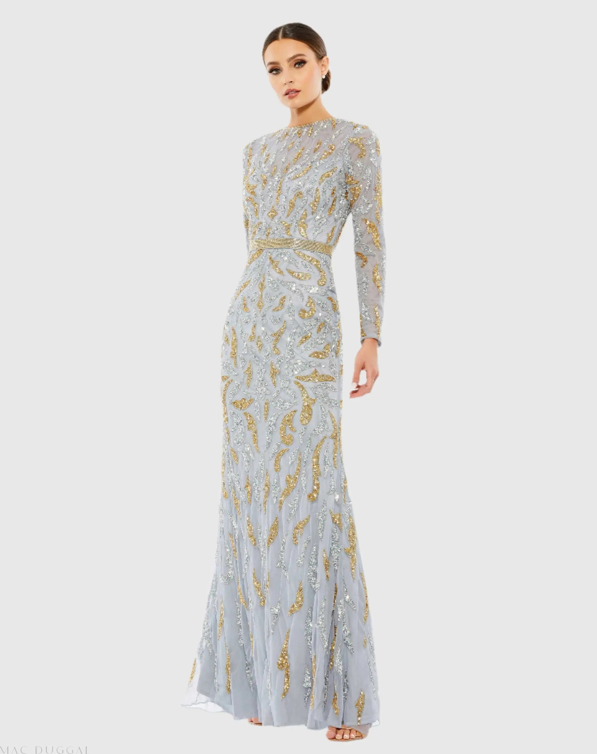 Gray Long Sleeve Beaded Evening Gown-Myartka