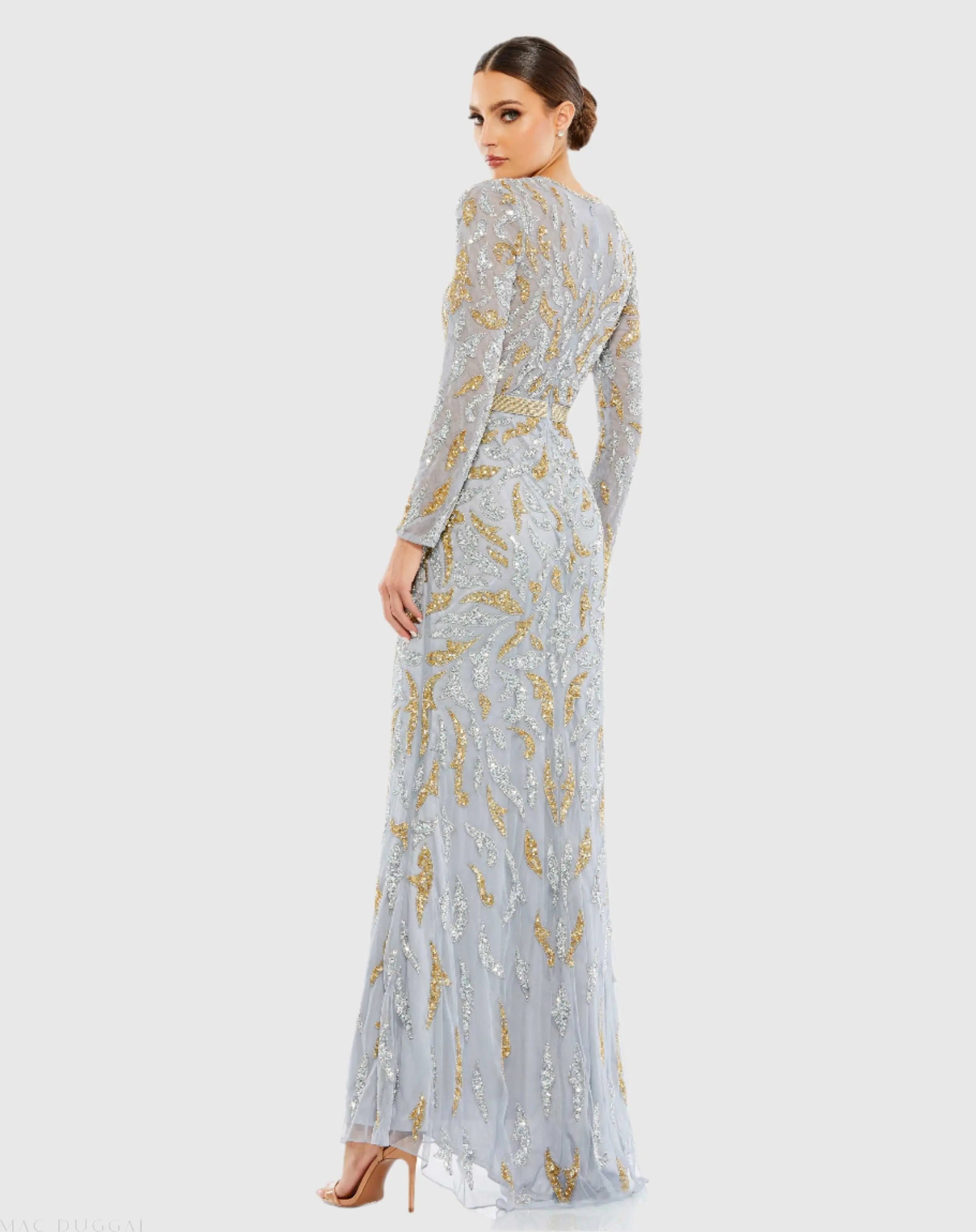 Gray Long Sleeve Beaded Evening Gown-Myartka