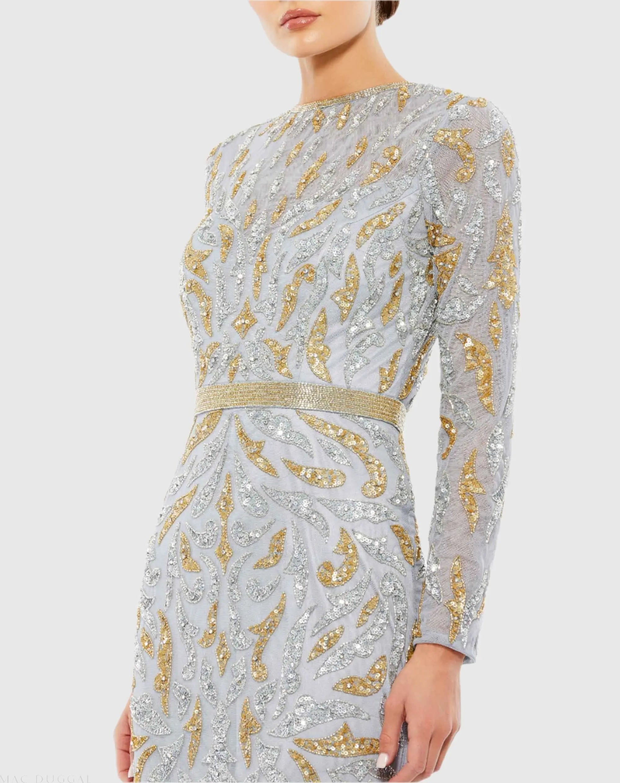 Gray Long Sleeve Beaded Evening Gown-Myartka