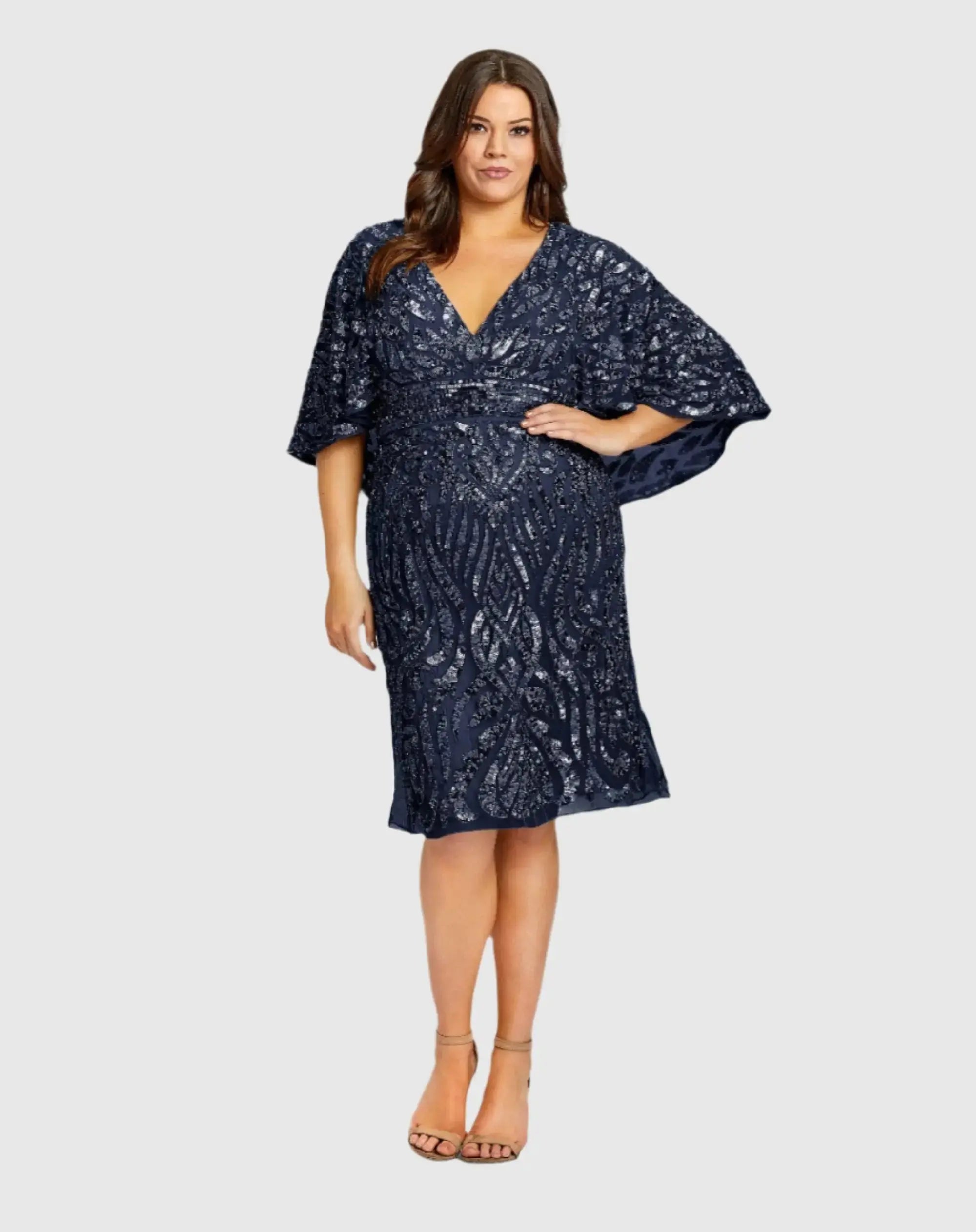 Navy Embellished Cape Sleeve Cocktail Dress (Plus)-Myartka