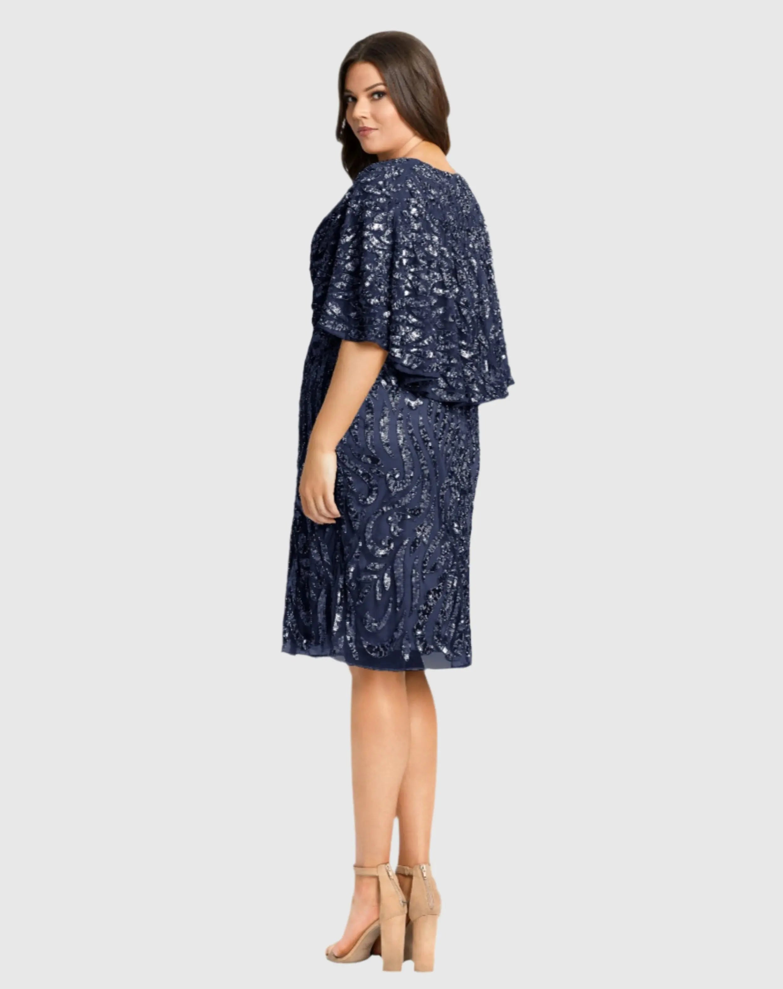 Navy Embellished Cape Sleeve Cocktail Dress (Plus)-Myartka