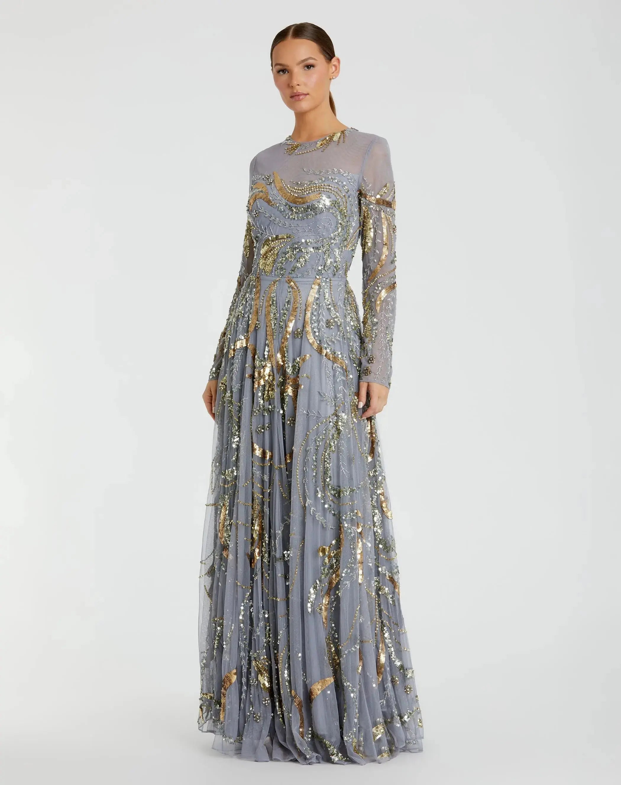 Long Sleeve Embellished Illusion Evening Gown-Myartka