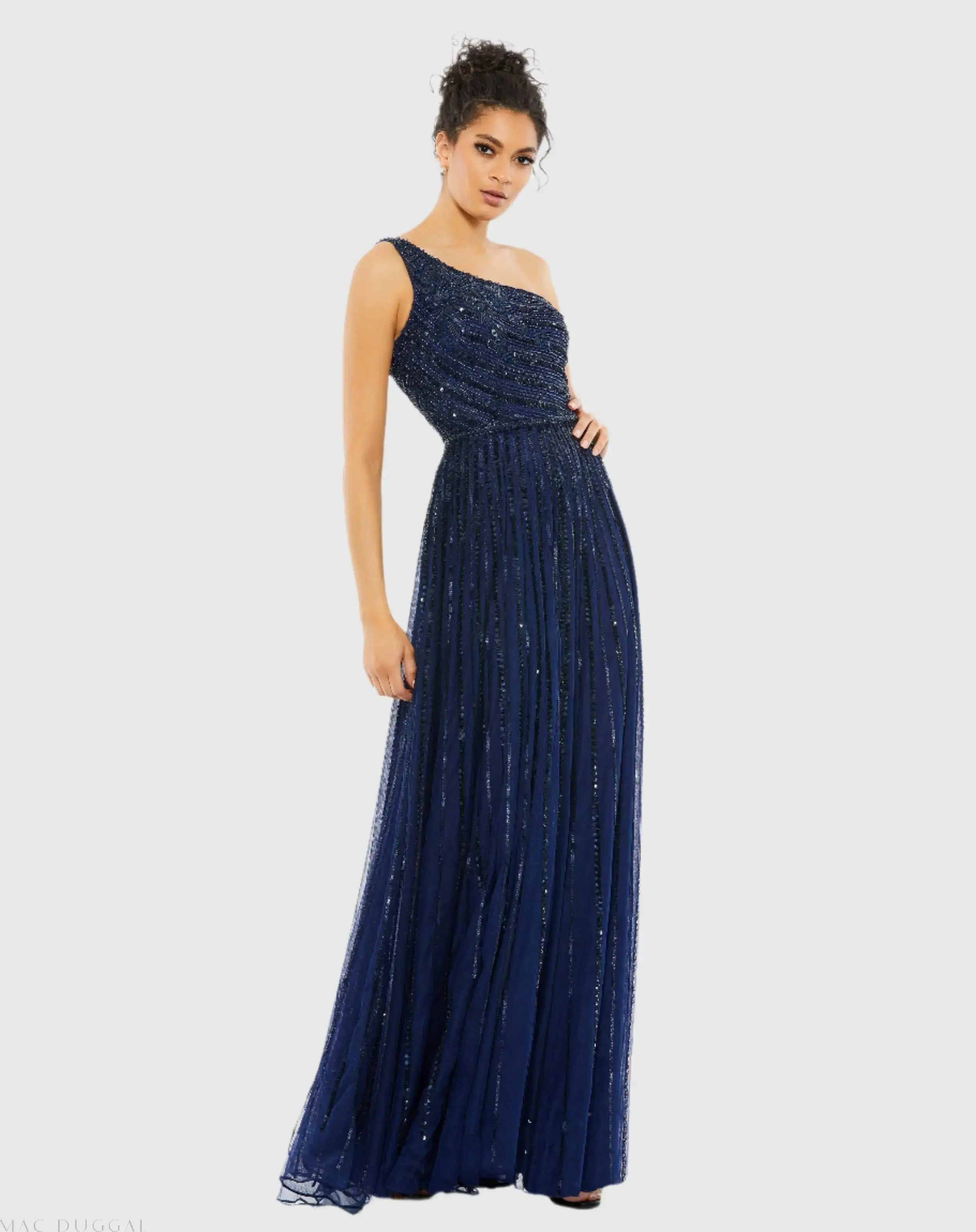 Navy Embellished One Shoulder A-Line Gown-Myartka