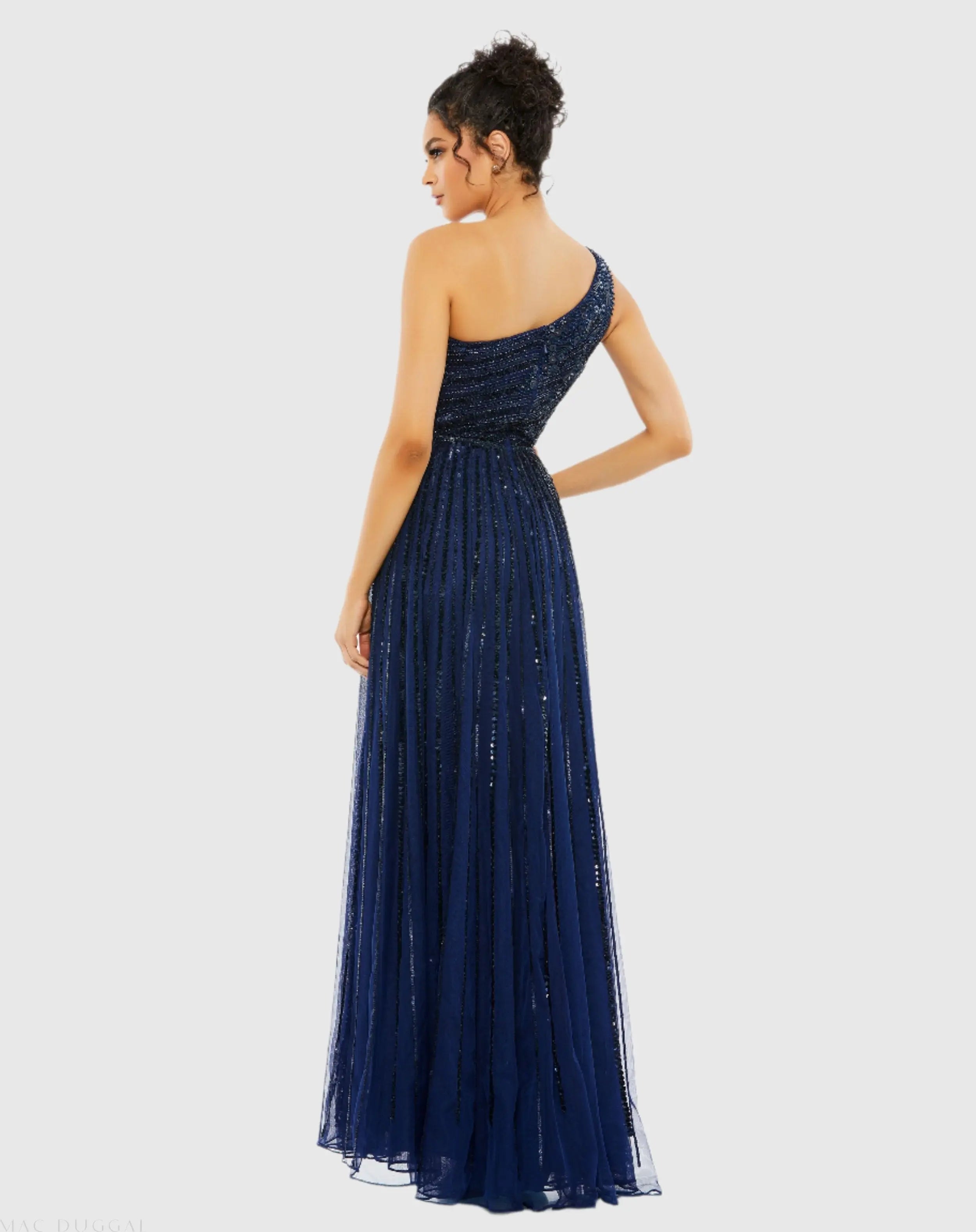 Navy Embellished One Shoulder A-Line Gown-Myartka