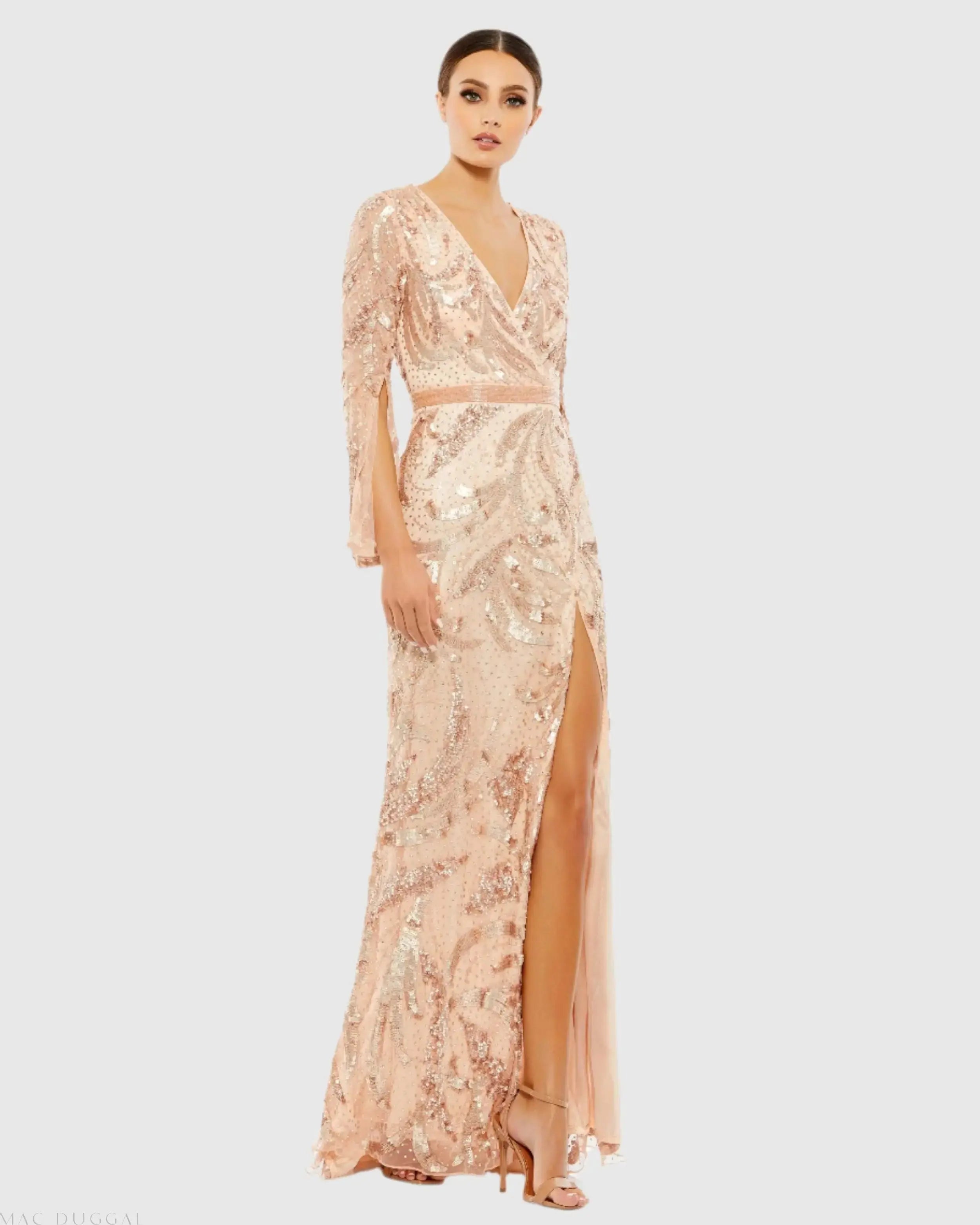 Sequined Faux Wrap Split Long Sleeve Gown-Myartka