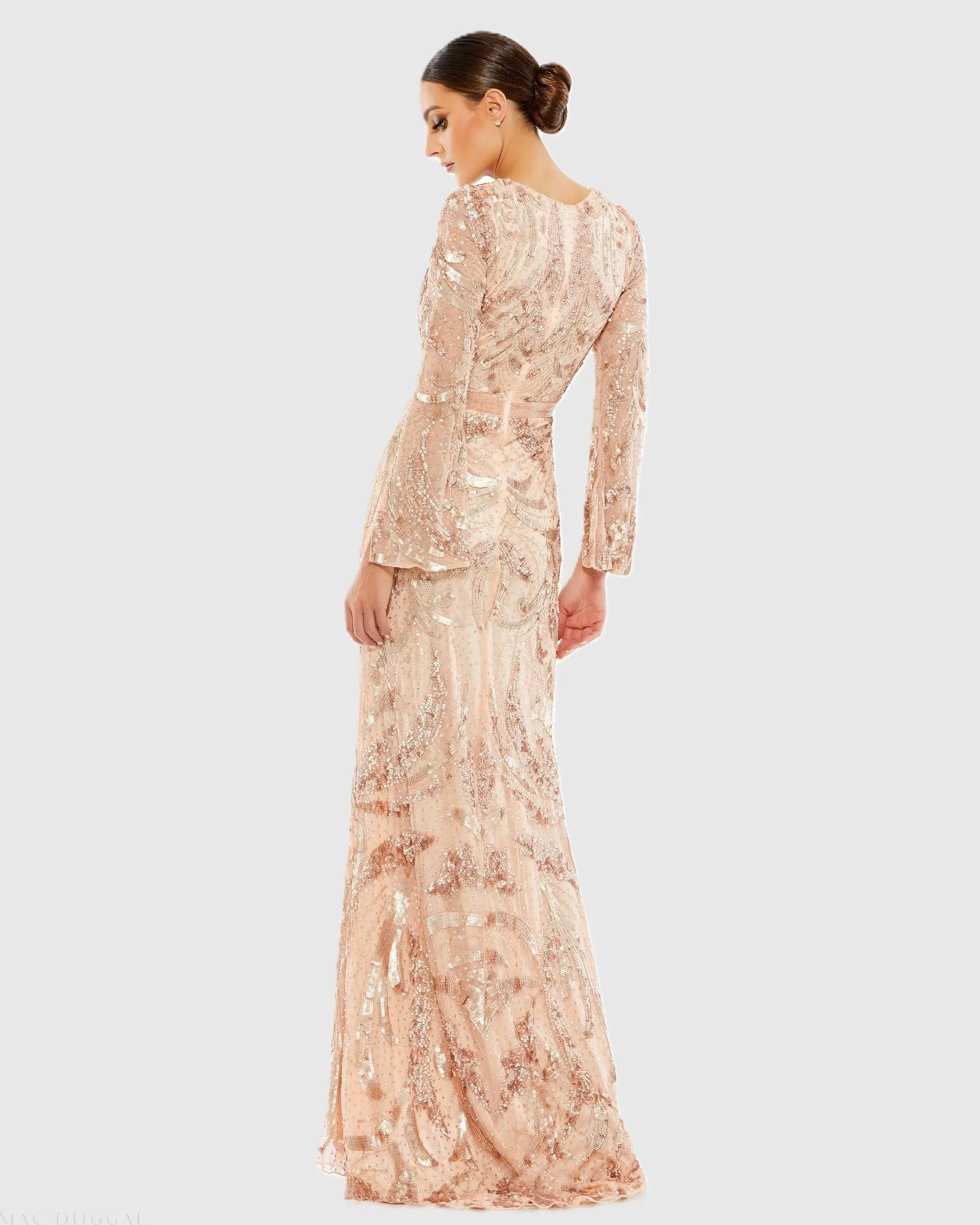 Pink Sequined Faux Wrap Split Long Sleeve Gown-Myartka