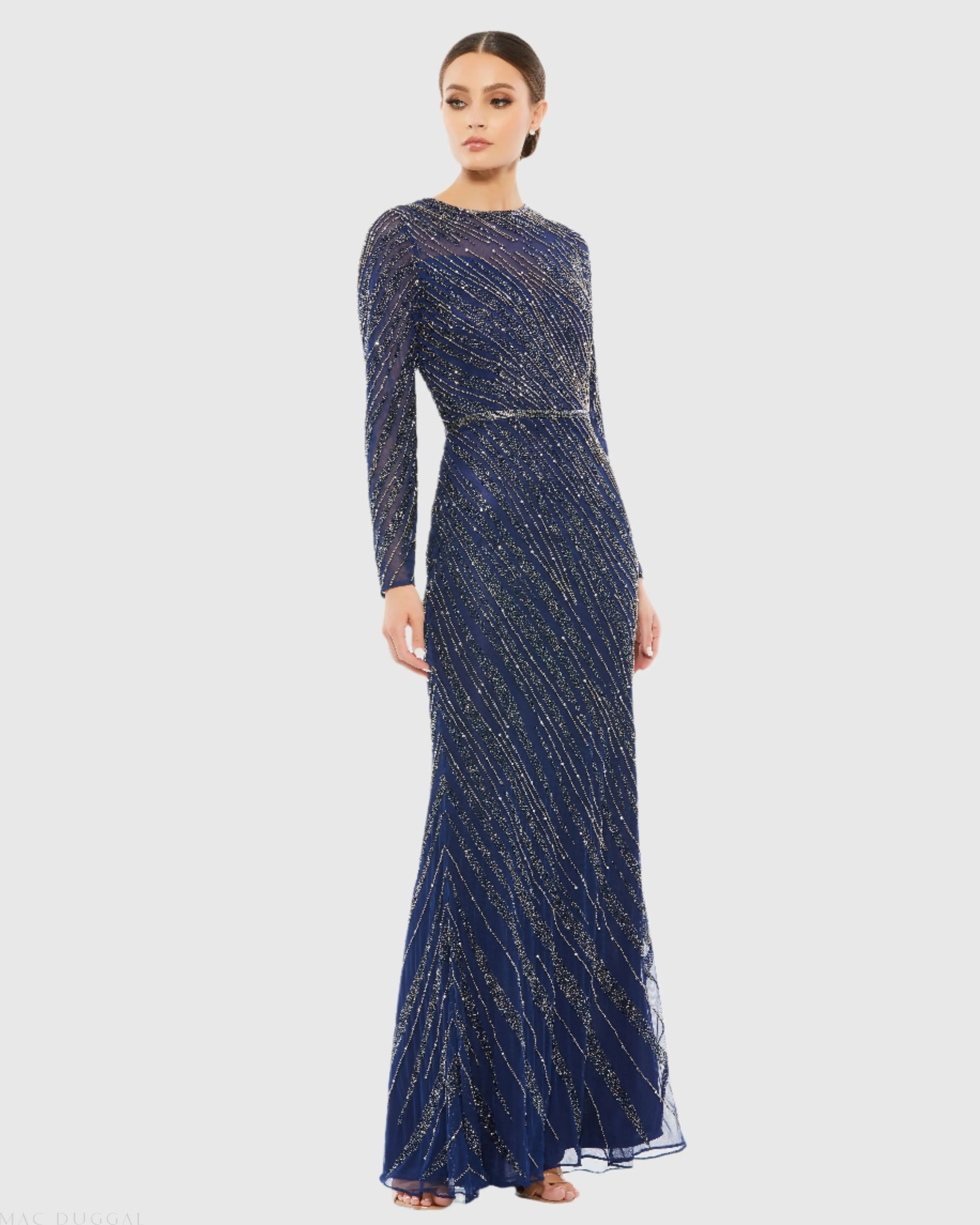 Navy Long Sleeve Beaded Column Gown-Myartka