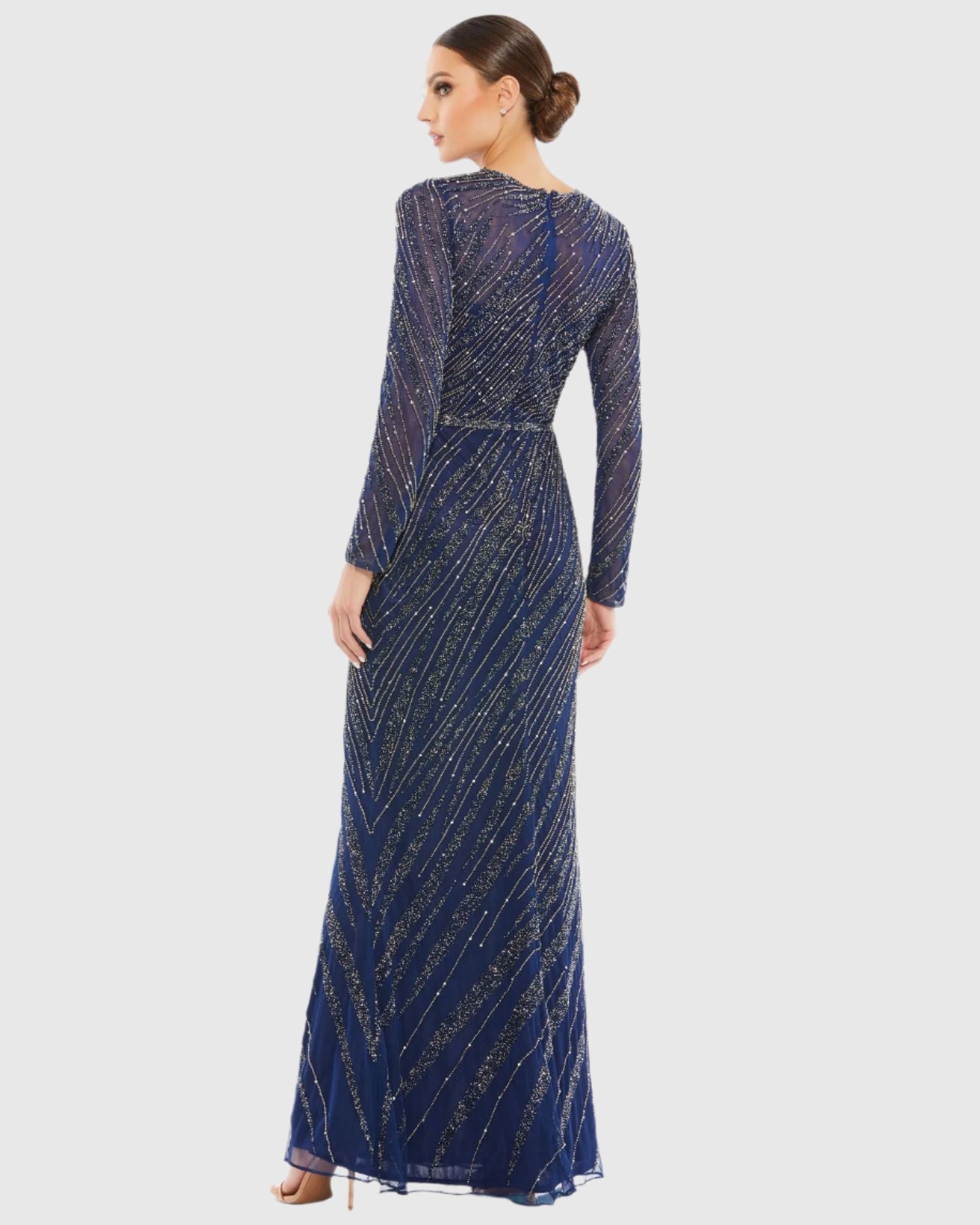 Navy Long Sleeve Beaded Column Gown-Myartka