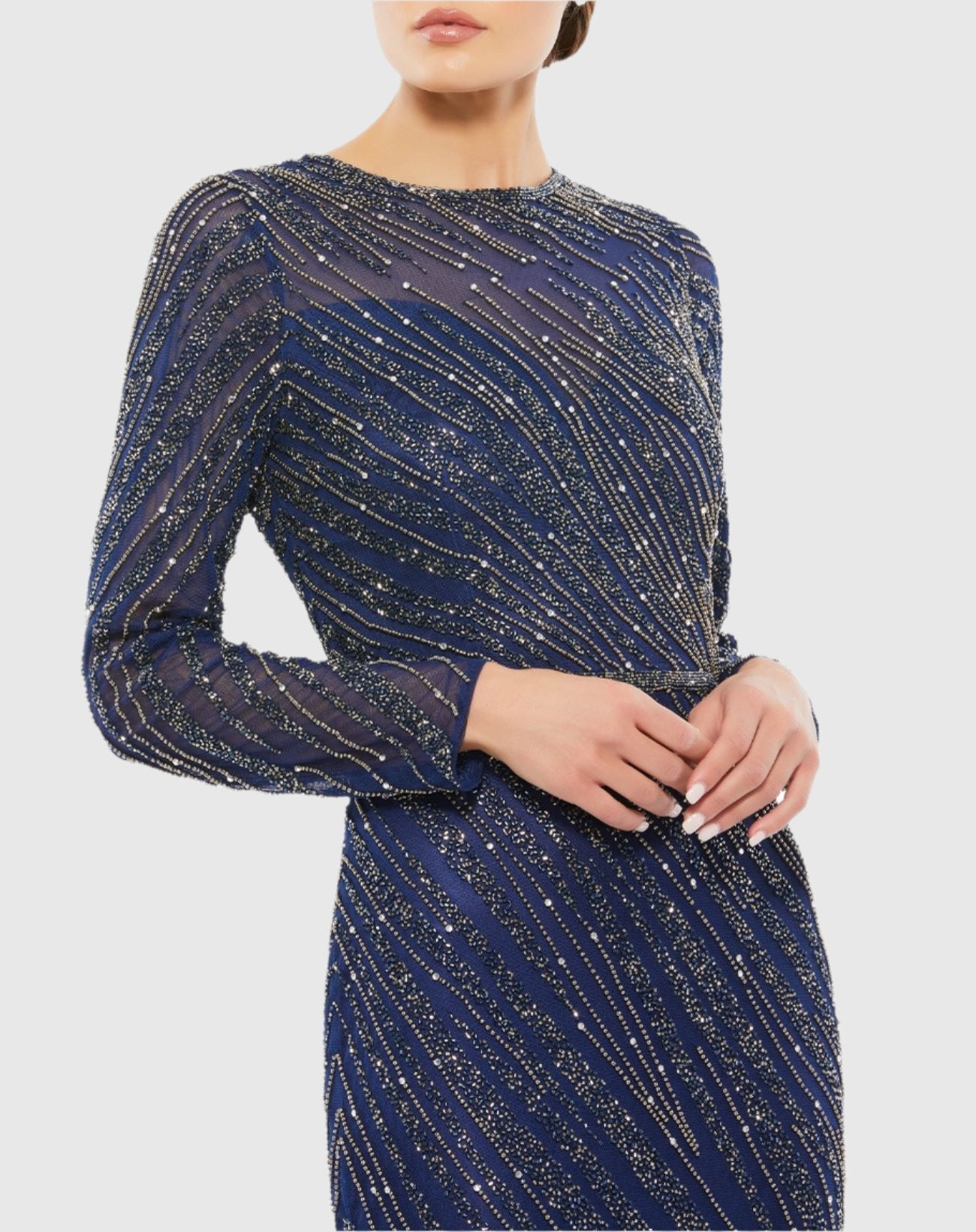 Navy Long Sleeve Beaded Column Gown-Myartka