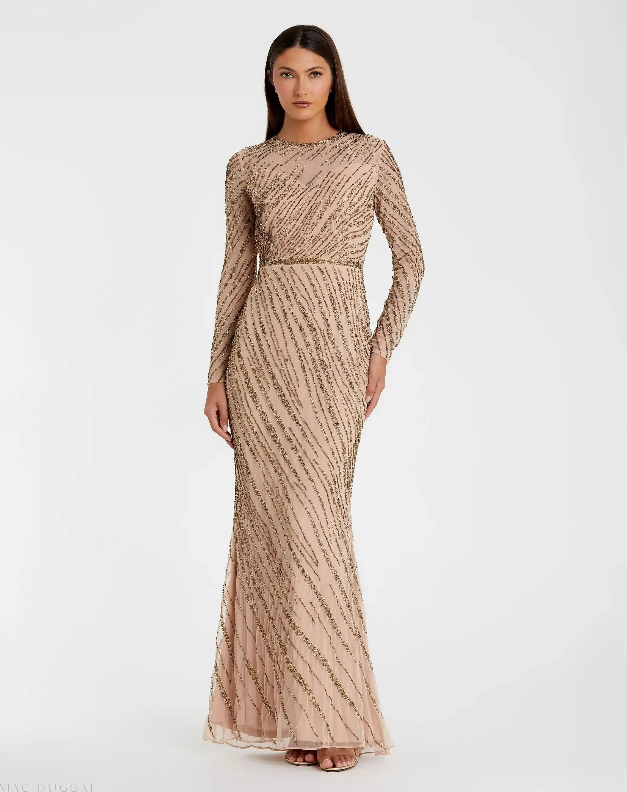 Beige Long Sleeve Beaded Column Gown - FINAL SALE-Myartka