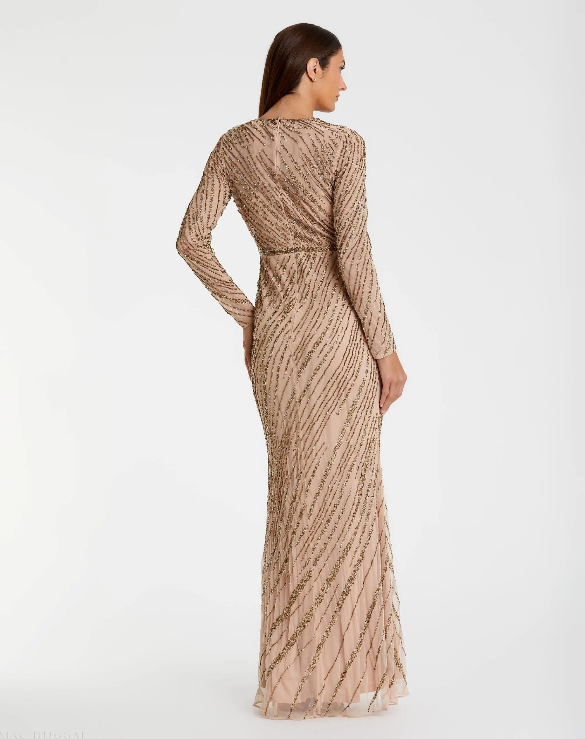 Beige Long Sleeve Beaded Column Gown - FINAL SALE-Myartka