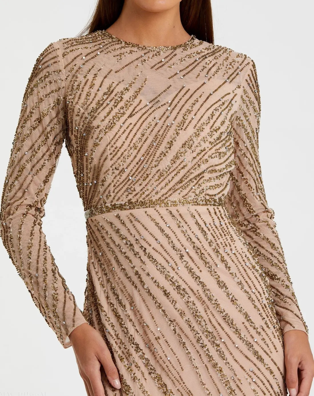 Beige Long Sleeve Beaded Column Gown - FINAL SALE-Myartka