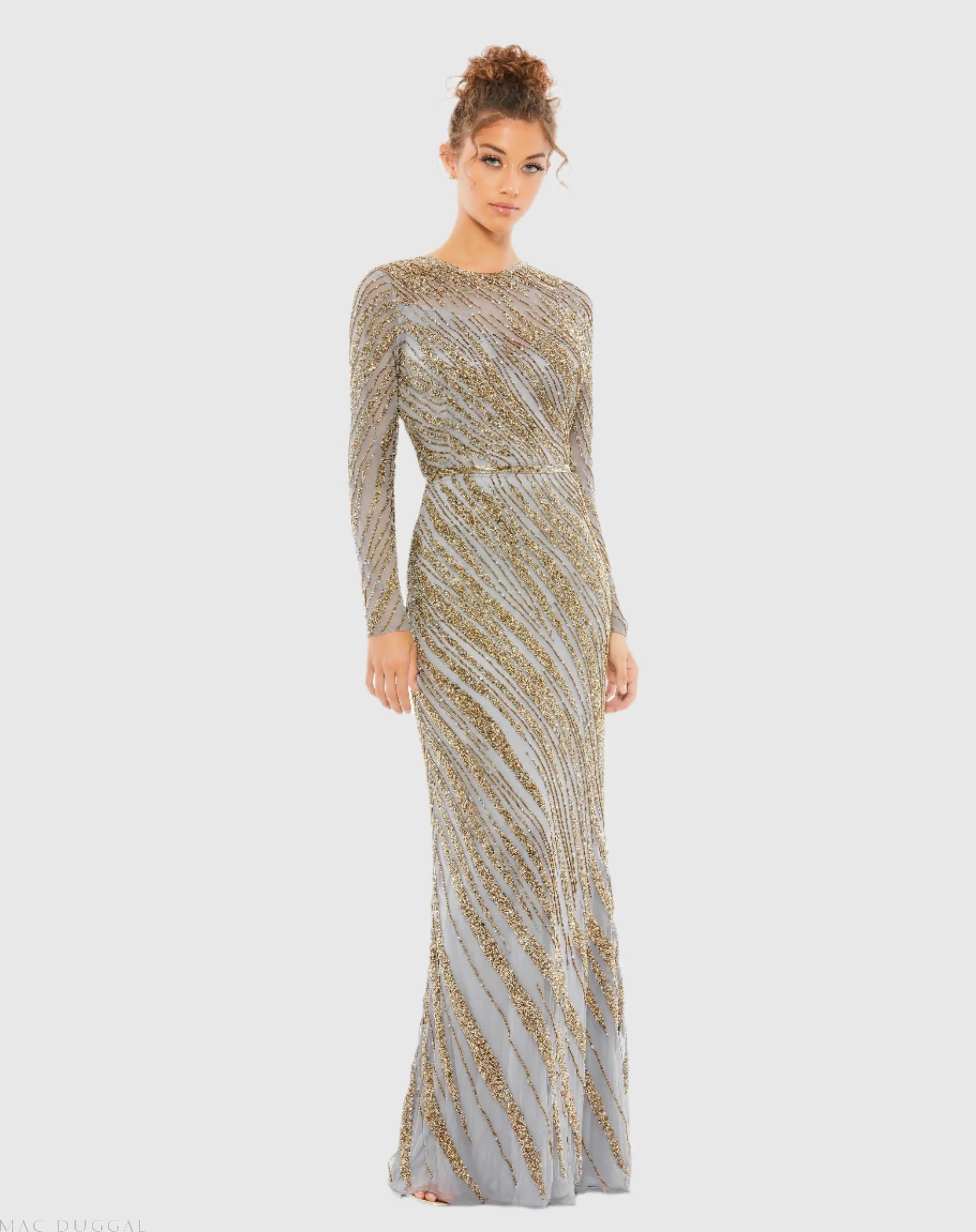 Long Sleeve Beaded Column Gown-Myartka