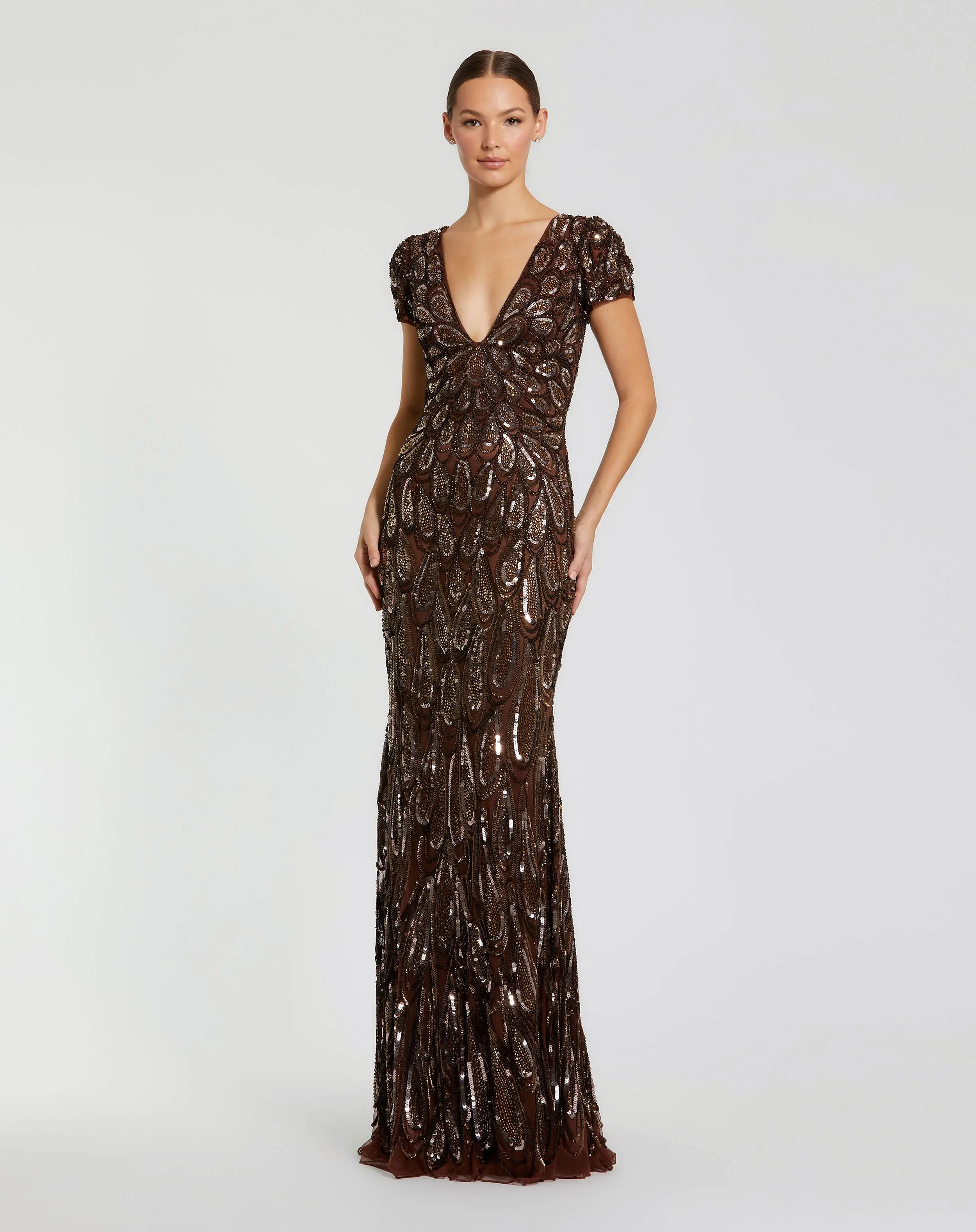 Brown Beaded Embellished V Neck Cap Sleeve Column Gown-Myartka