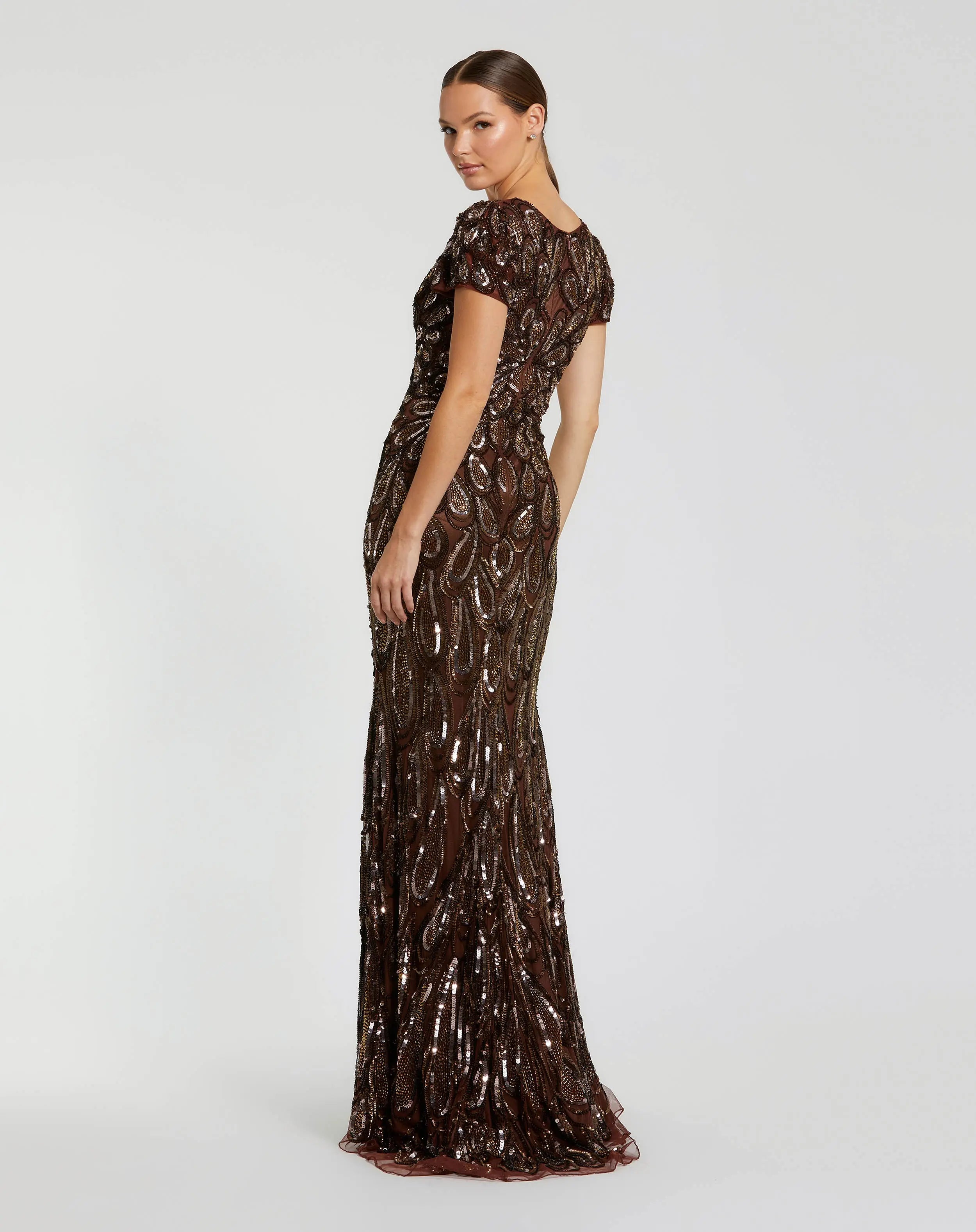 Brown Beaded Embellished V Neck Cap Sleeve Column Gown-Myartka