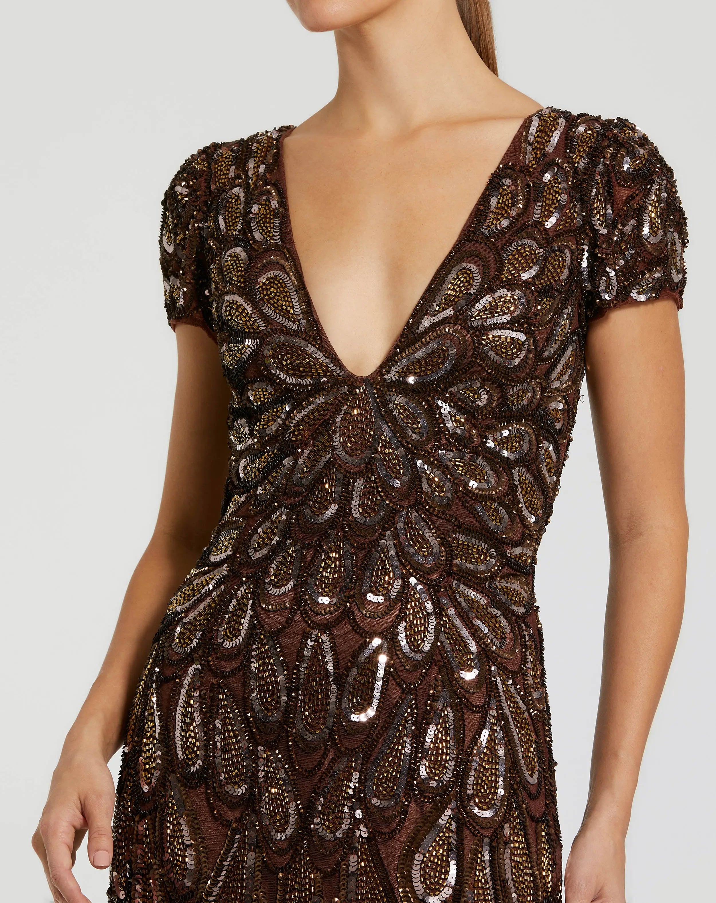 Brown Beaded Embellished V Neck Cap Sleeve Column Gown-Myartka