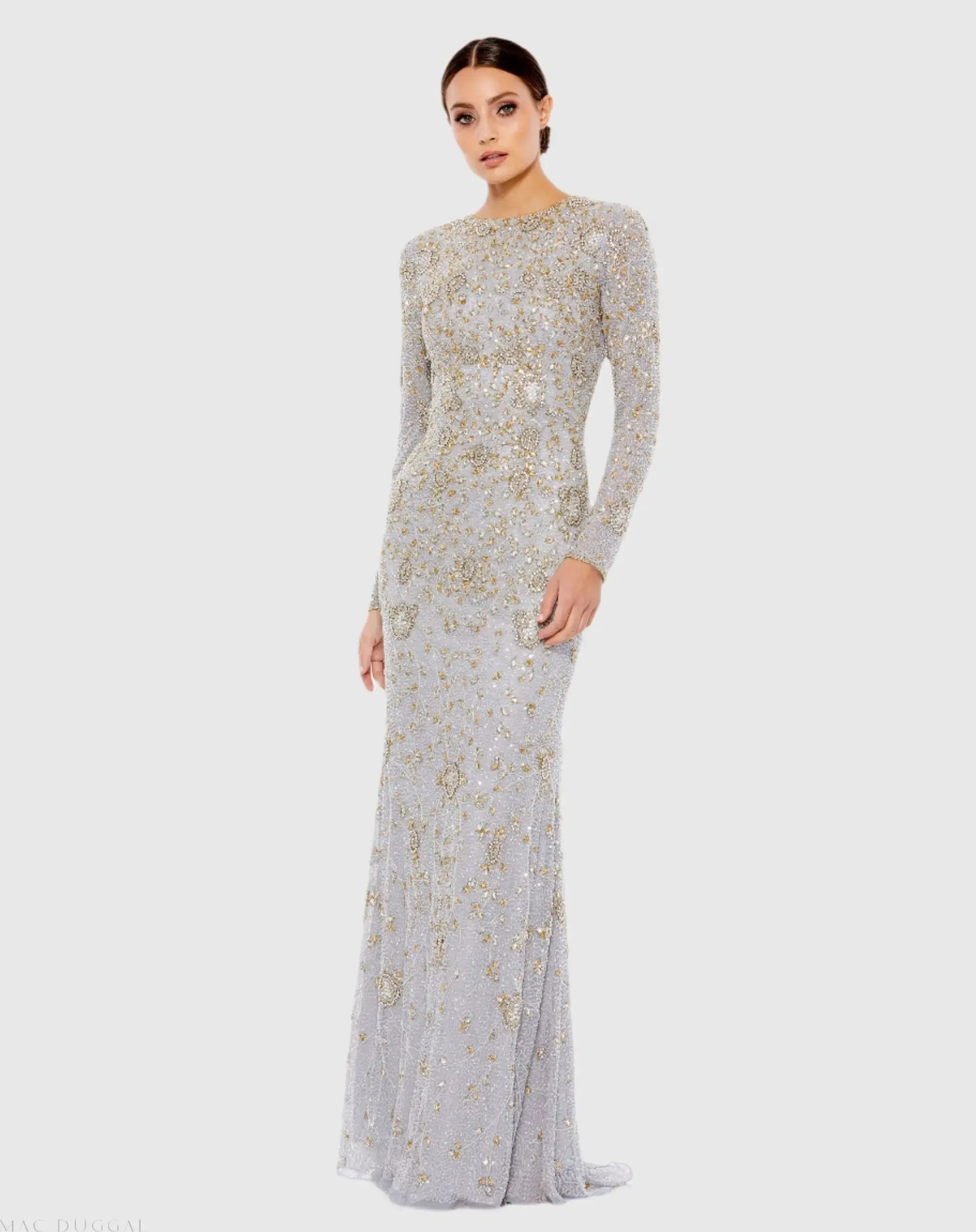 Two Tone Beaded High Neck Long Sleeve Gown-Myartka