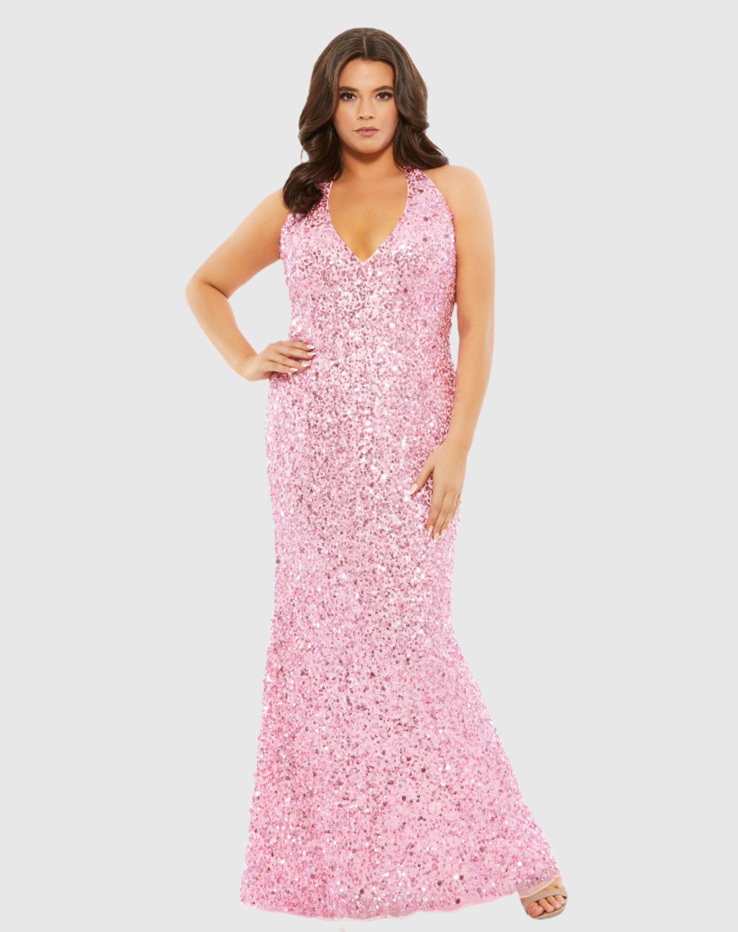 Pink Sequined Halter Strap Open Back Trumpet Gown (Plus)-Myartka