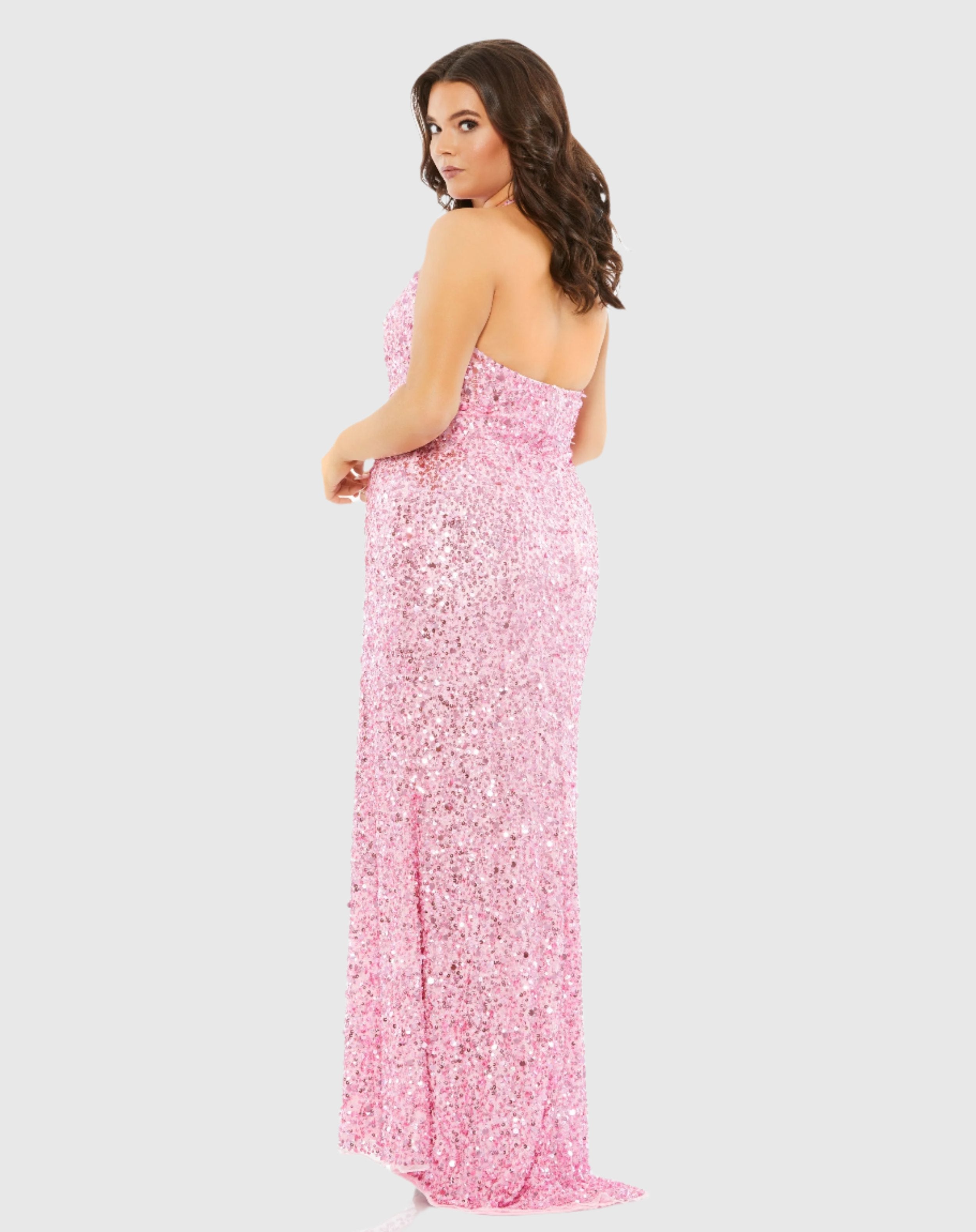 Pink Sequined Halter Strap Open Back Trumpet Gown (Plus)-Myartka