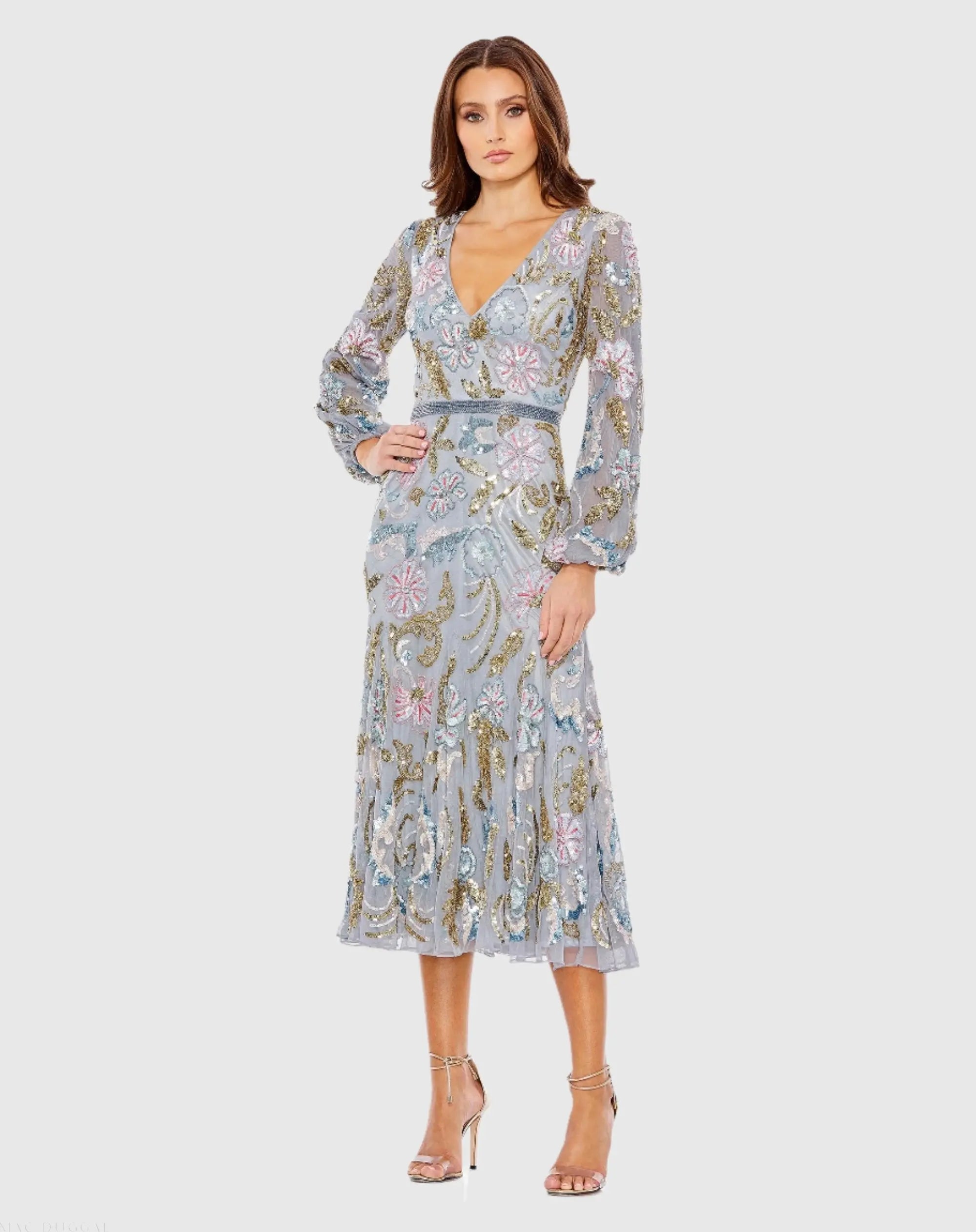 Gray Long Cuff Sleeve Embellished Midi Dress-Myartka