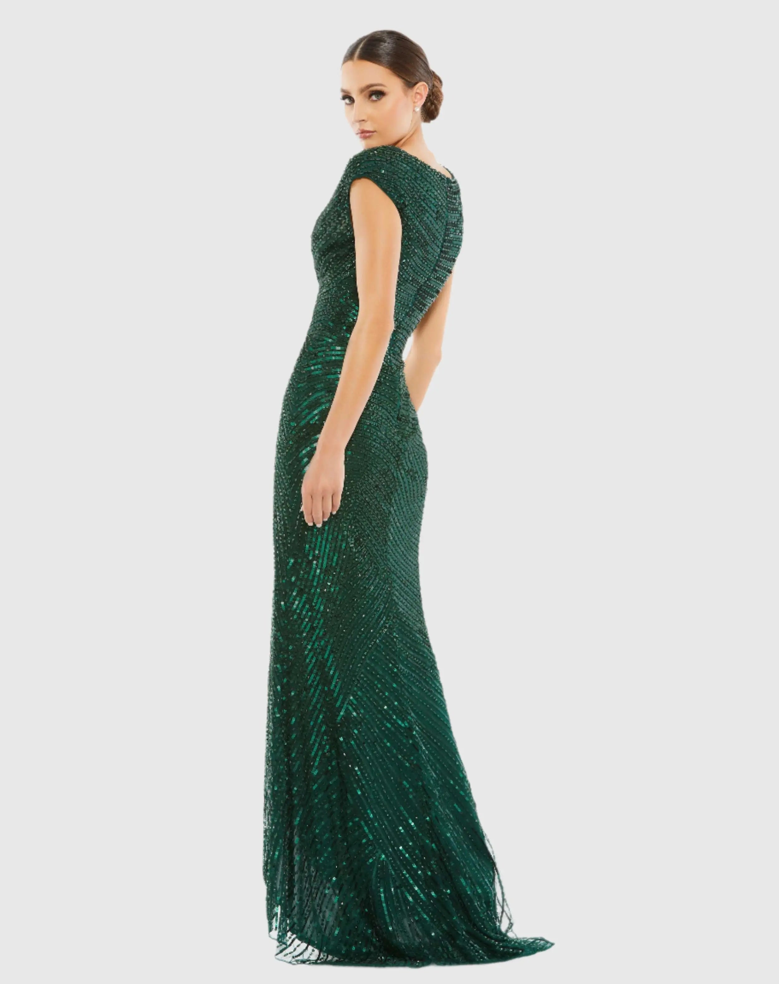 Green Embellished Cap Sleeve Evening Gown-Myartka