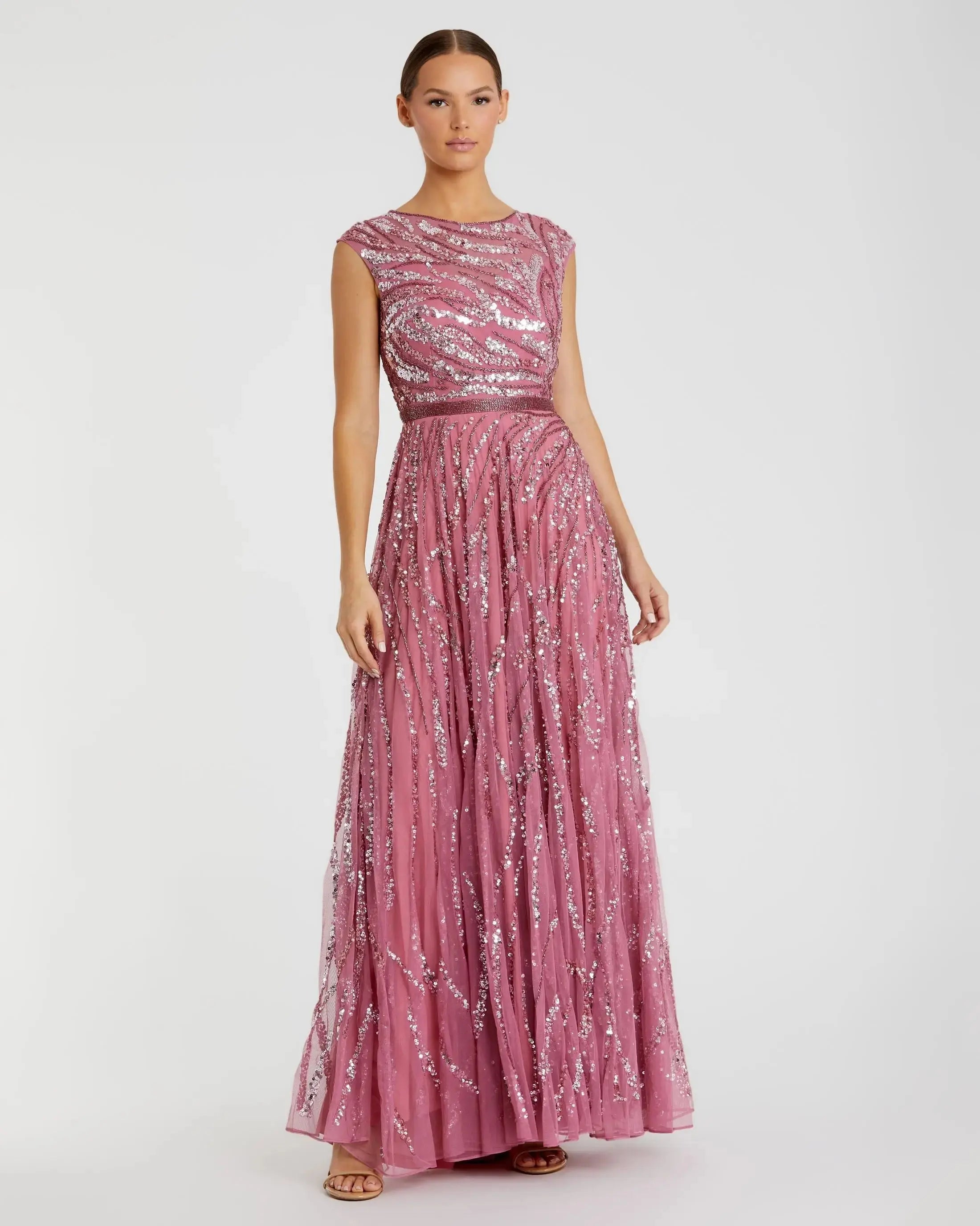 Pink Cap Sleeve Embellished Evening Gown-Myartka