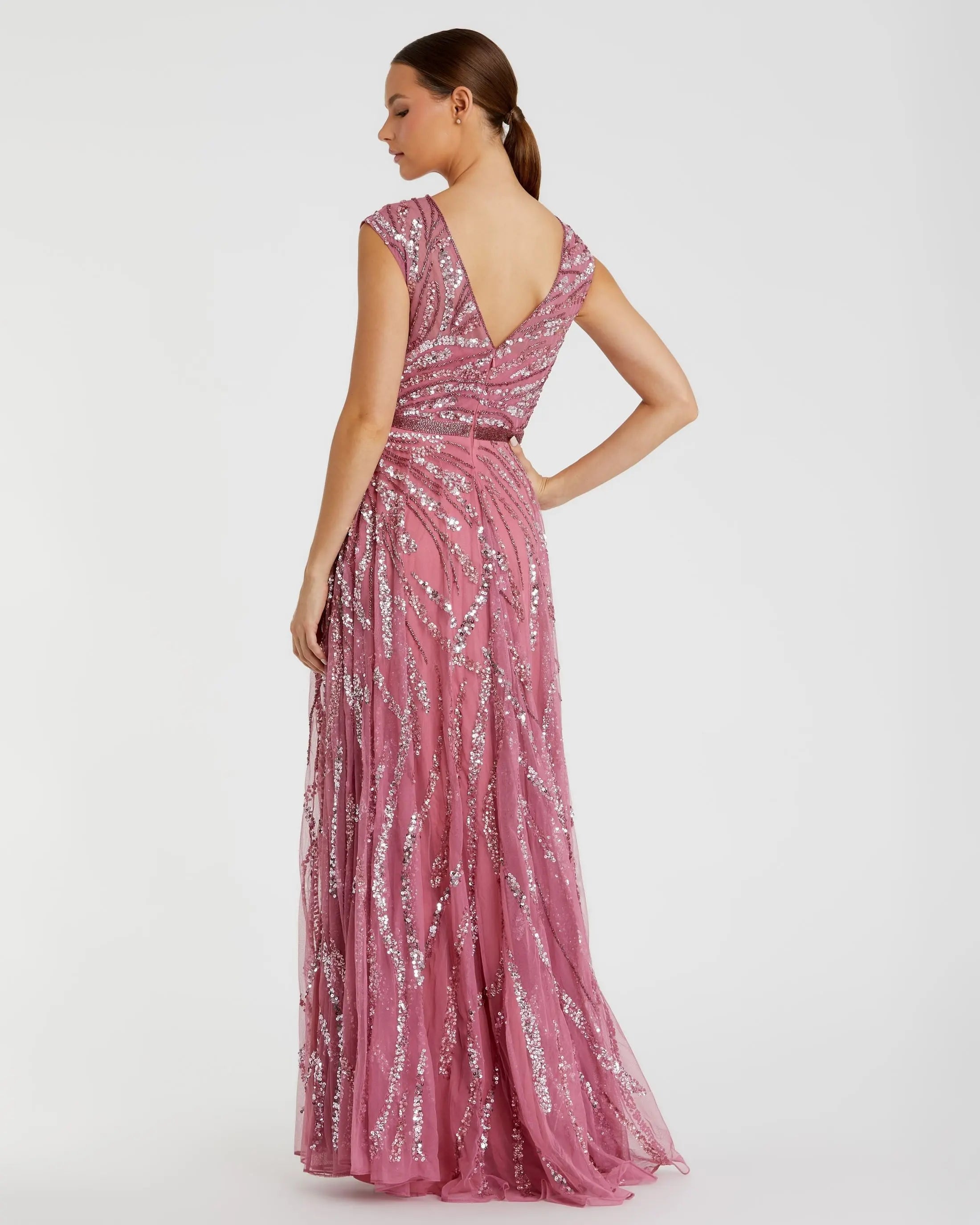 Pink Cap Sleeve Embellished Evening Gown-Myartka