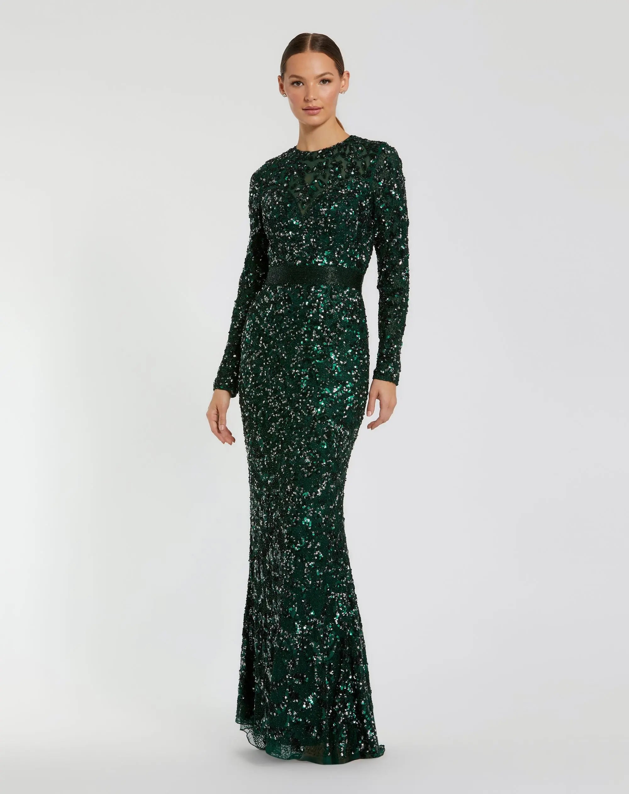 Green Hand Embellished Long Sleeve Gown-Myartka