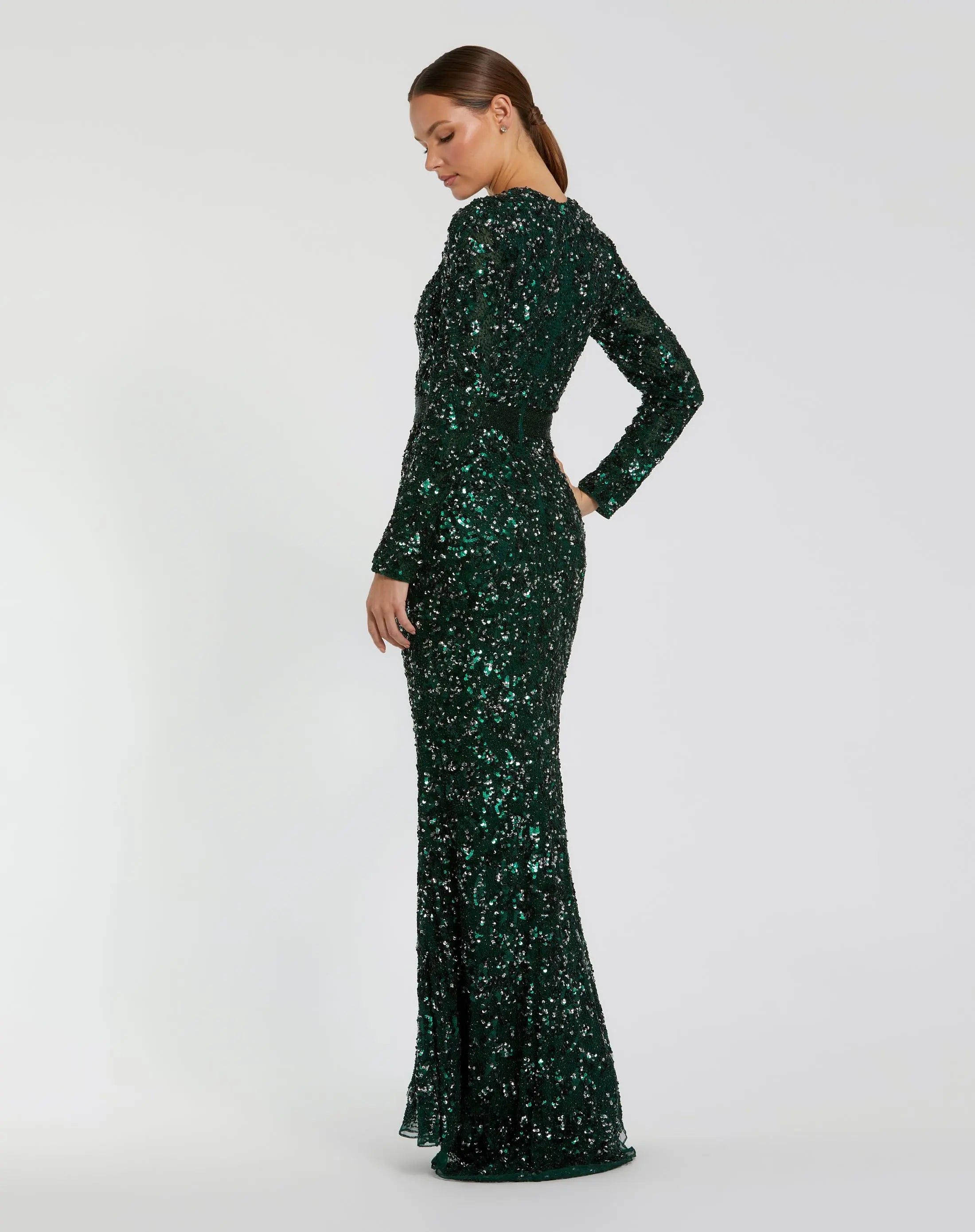 Green Hand Embellished Long Sleeve Gown-Myartka
