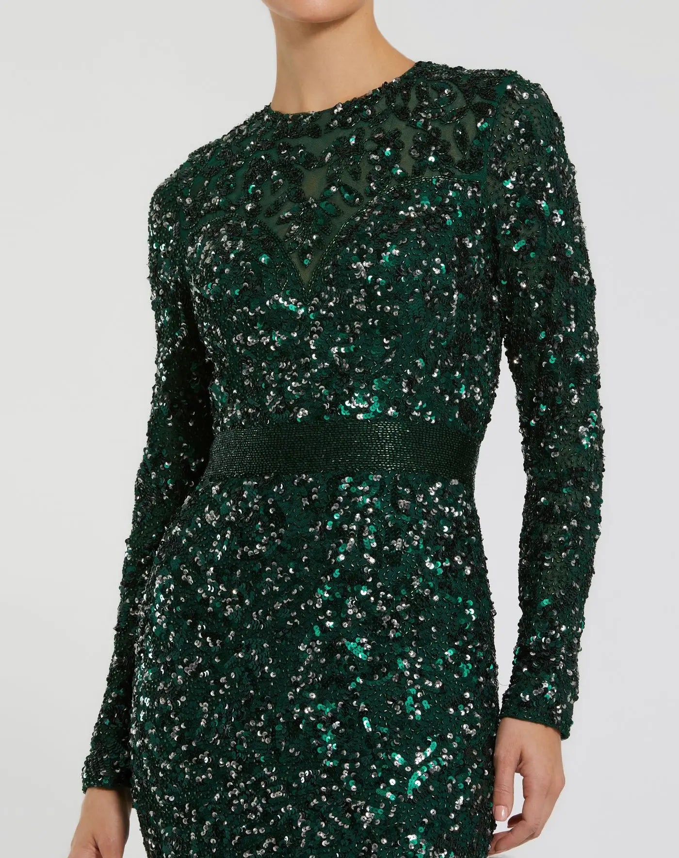 Green Hand Embellished Long Sleeve Gown-Myartka