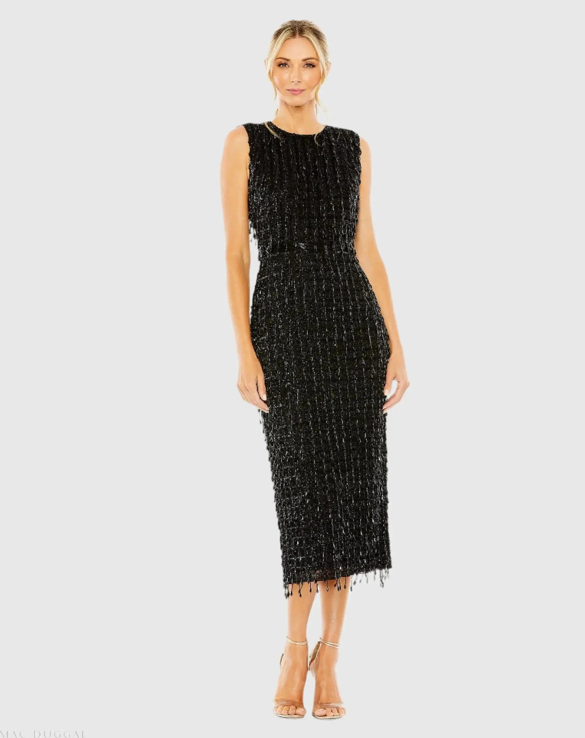 Black Sleeveless High Neck Beaded Midi Sheath Dress-Myartka