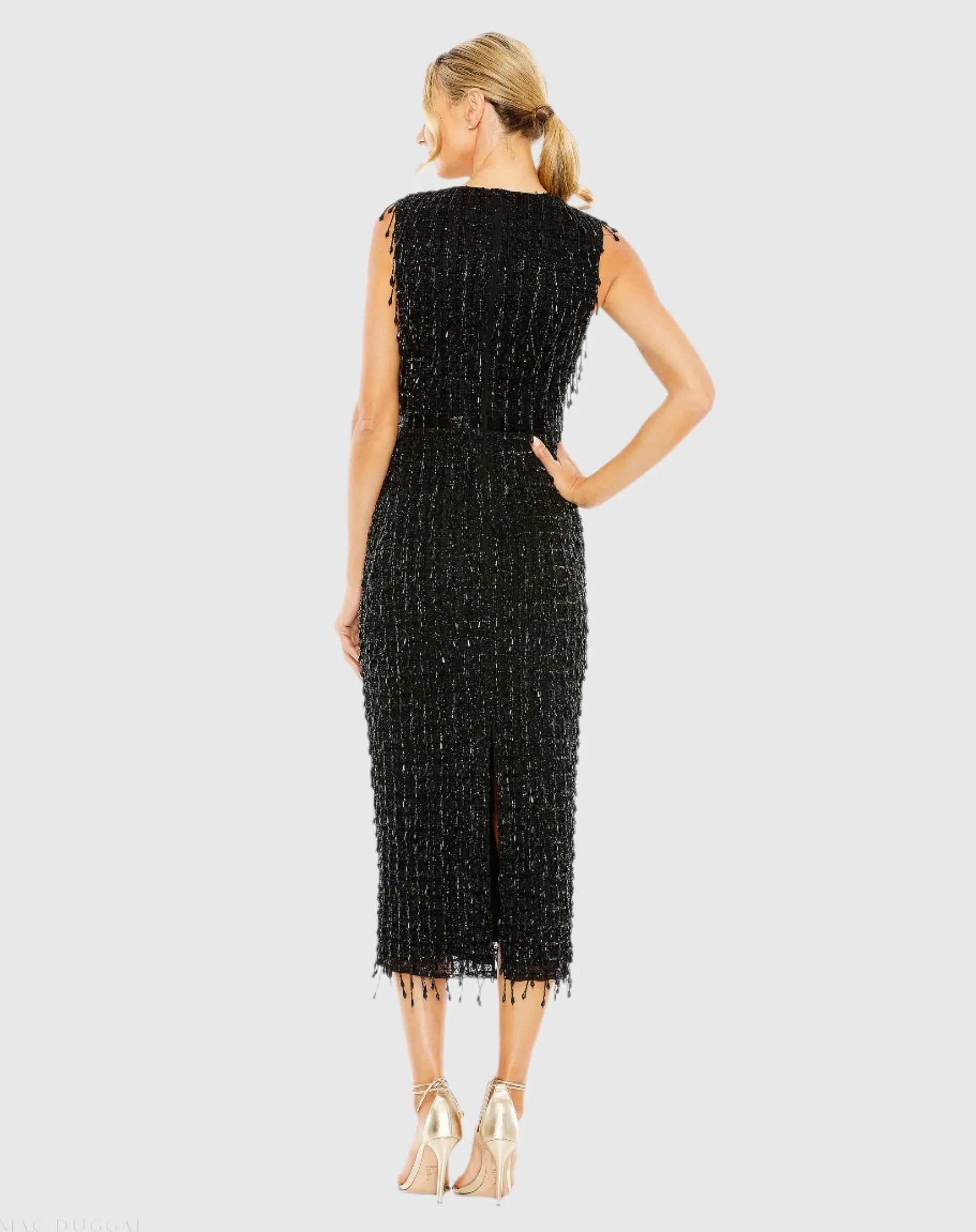 Black Sleeveless High Neck Beaded Midi Sheath Dress-Myartka