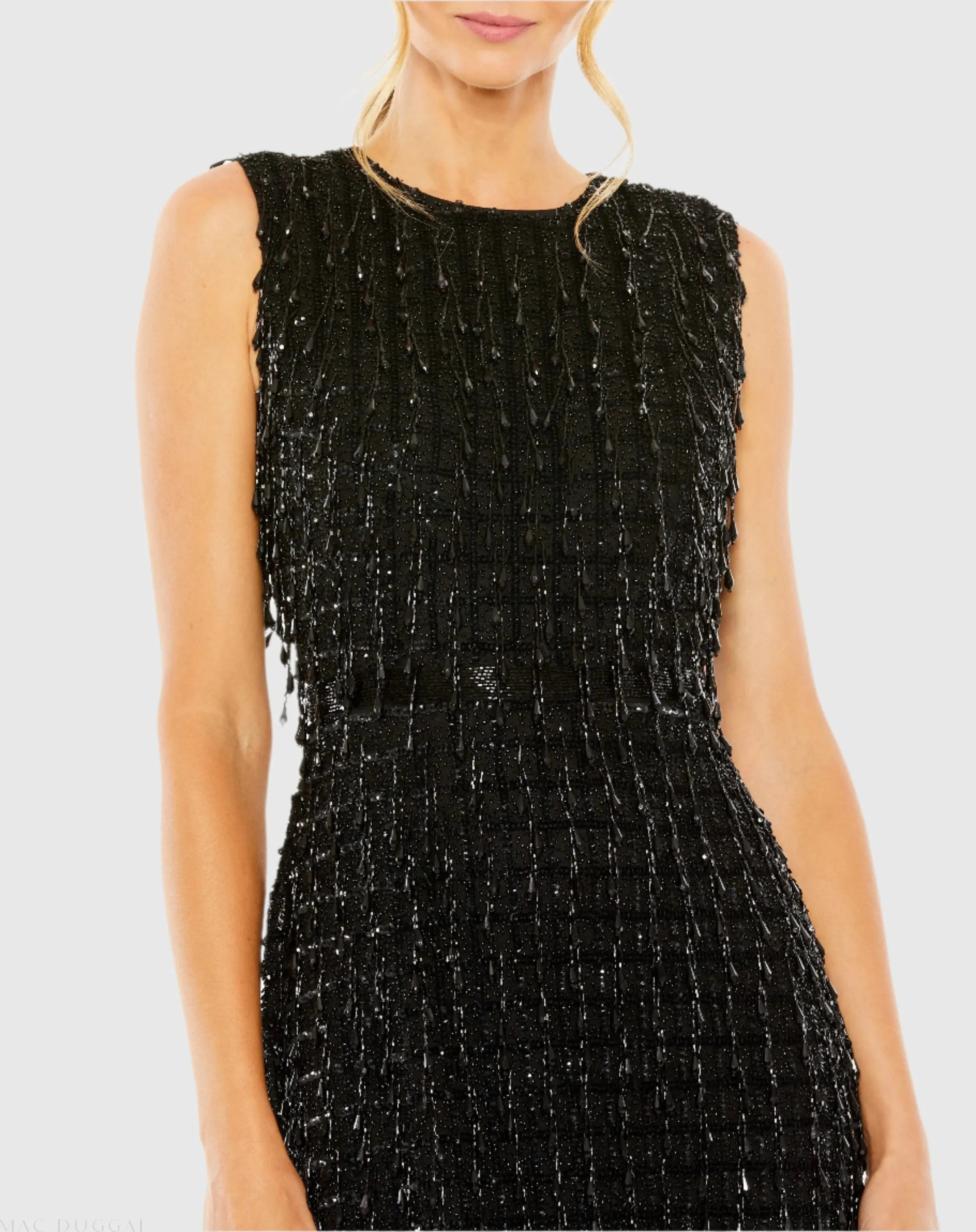 Black Sleeveless High Neck Beaded Midi Sheath Dress-Myartka