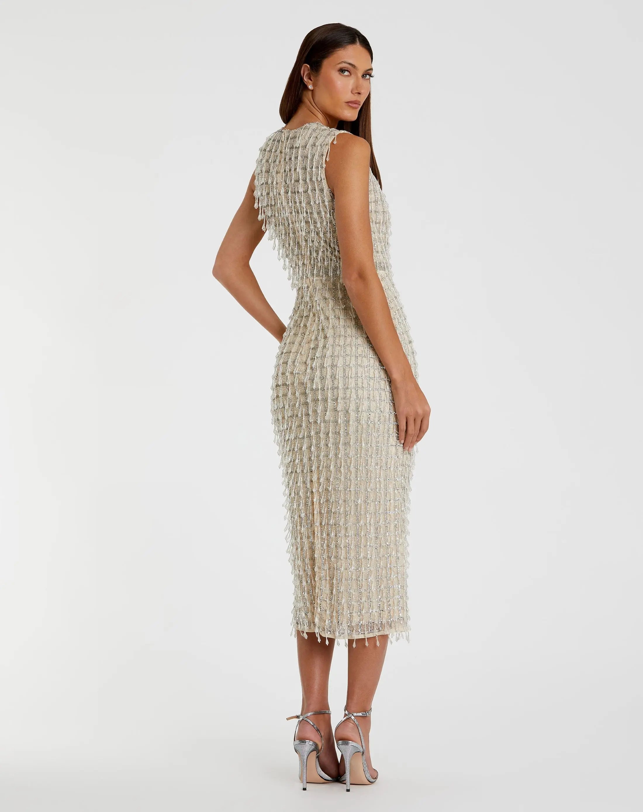 Beige Sleeveless High Neck Beaded Midi Sheath Dress-Myartka