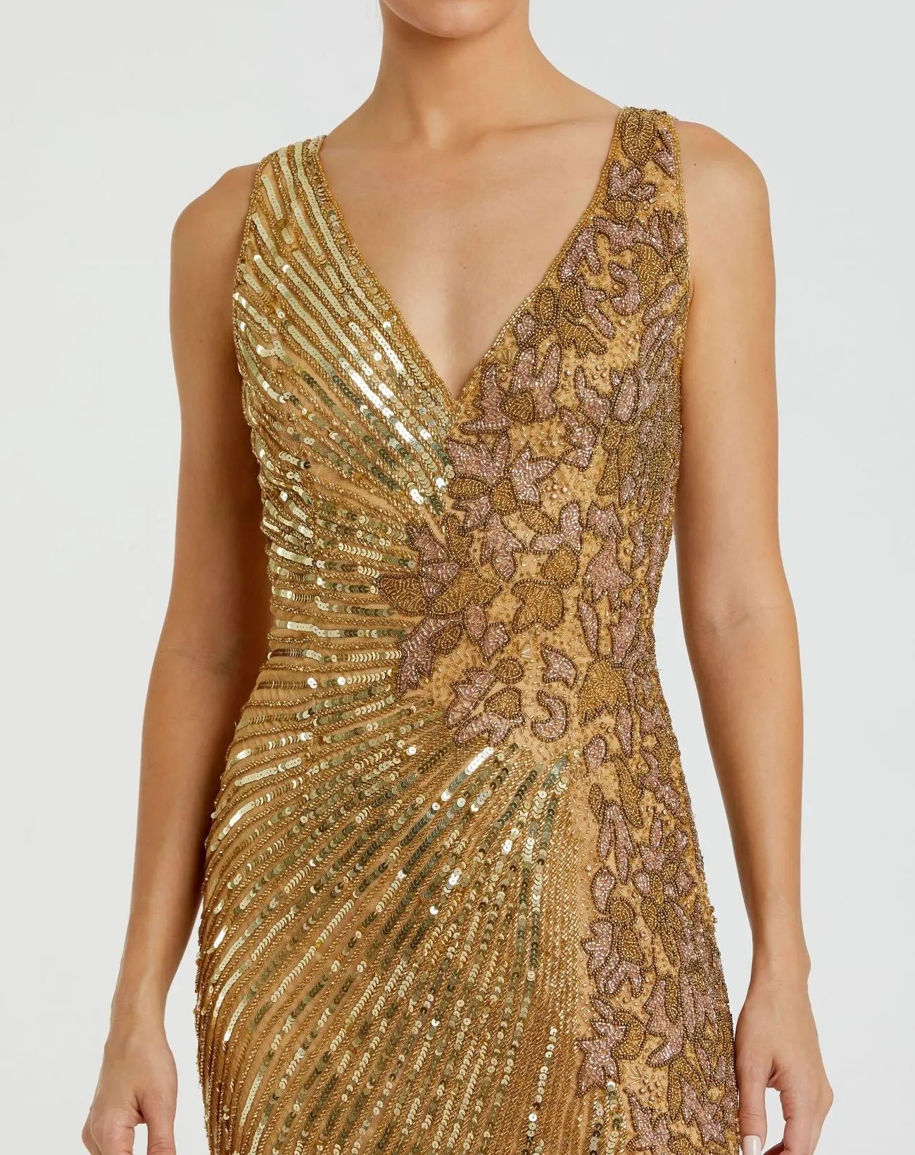 Gold Beaded Floral Sleeveless Gown-Myartka