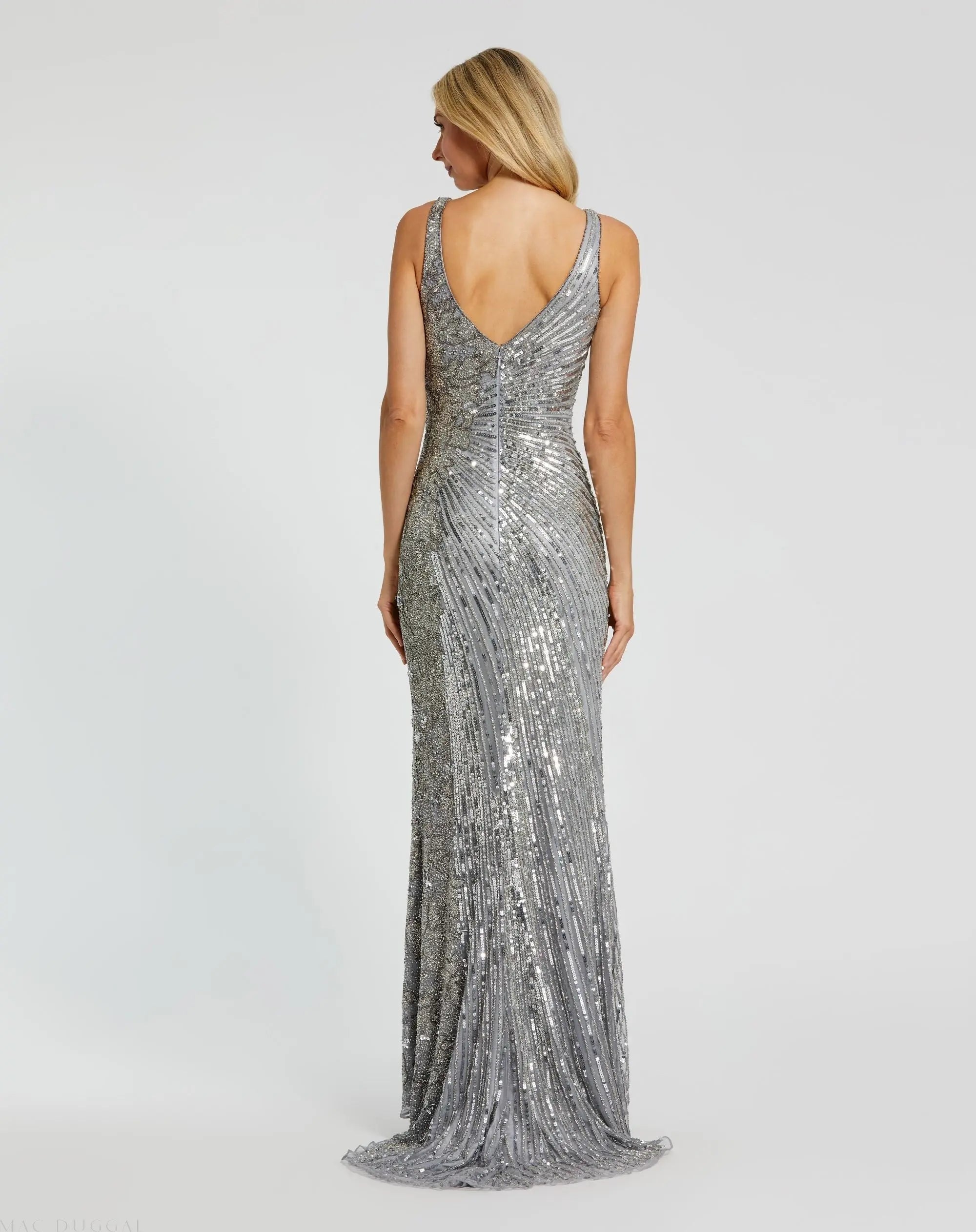 Silver Beaded Floral Sleeveless Gown-Myartka