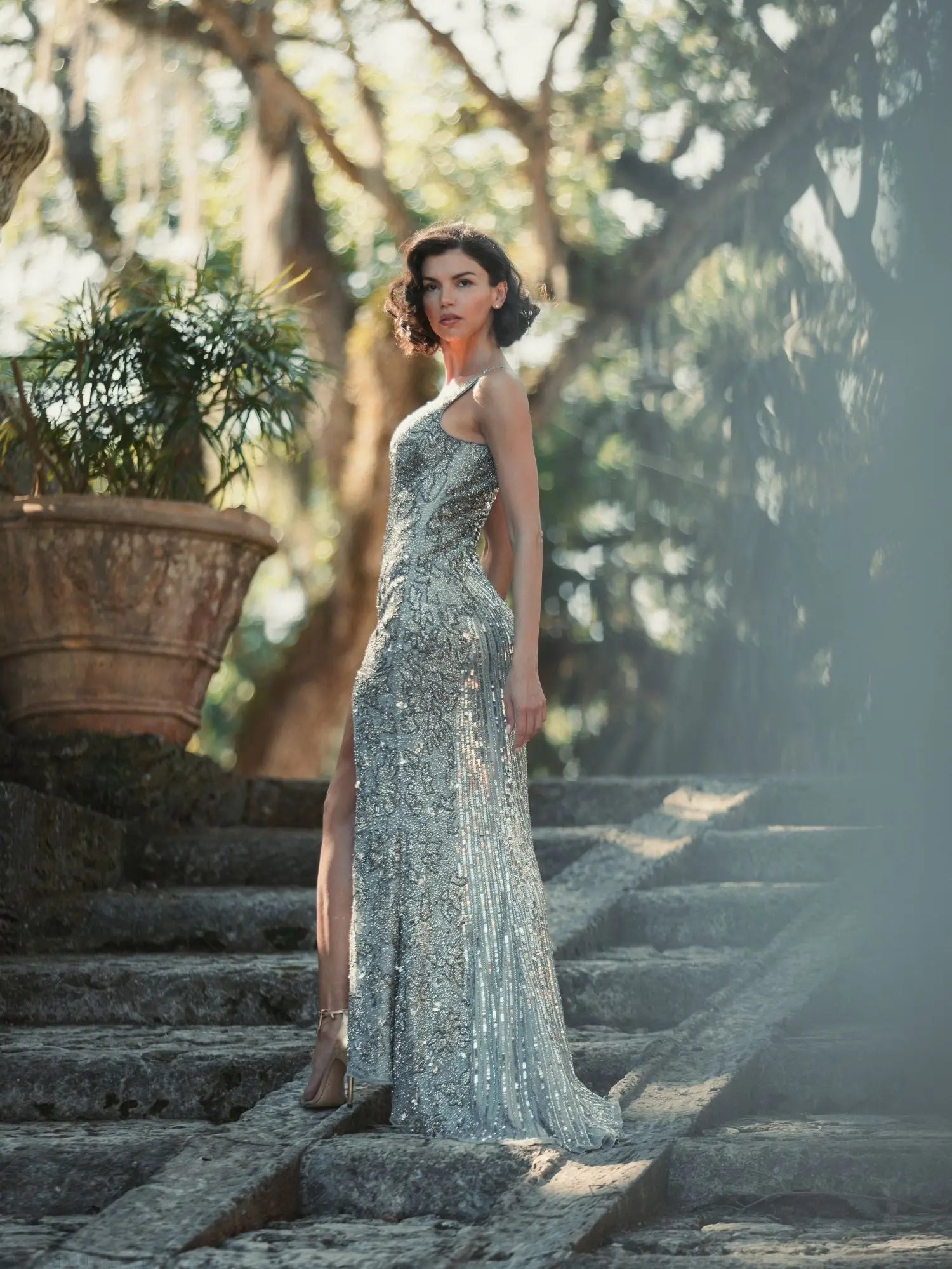 Silver Beaded Floral Sleeveless Gown-Myartka