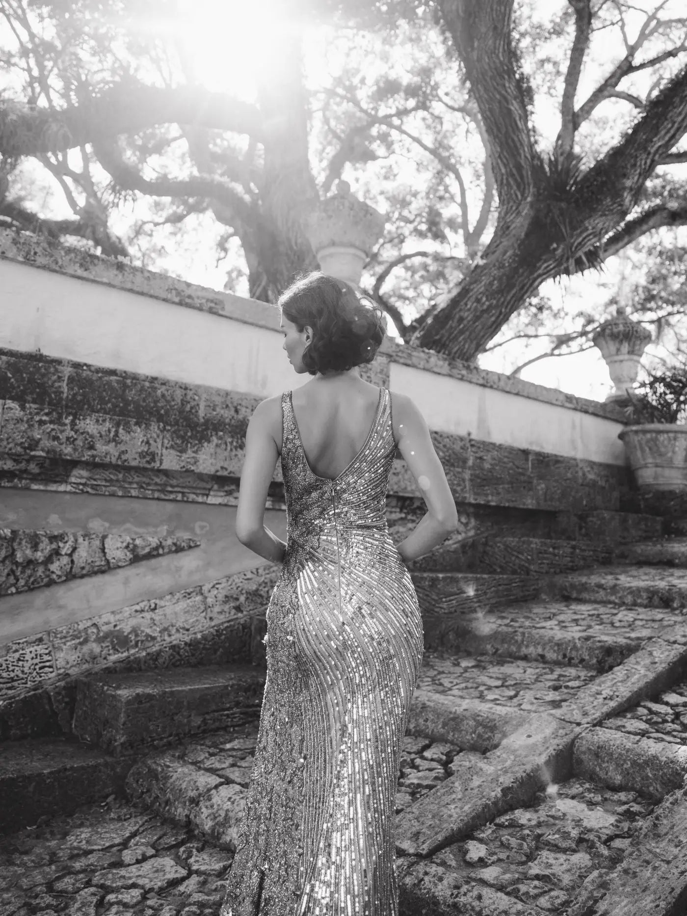 Silver Beaded Floral Sleeveless Gown-Myartka